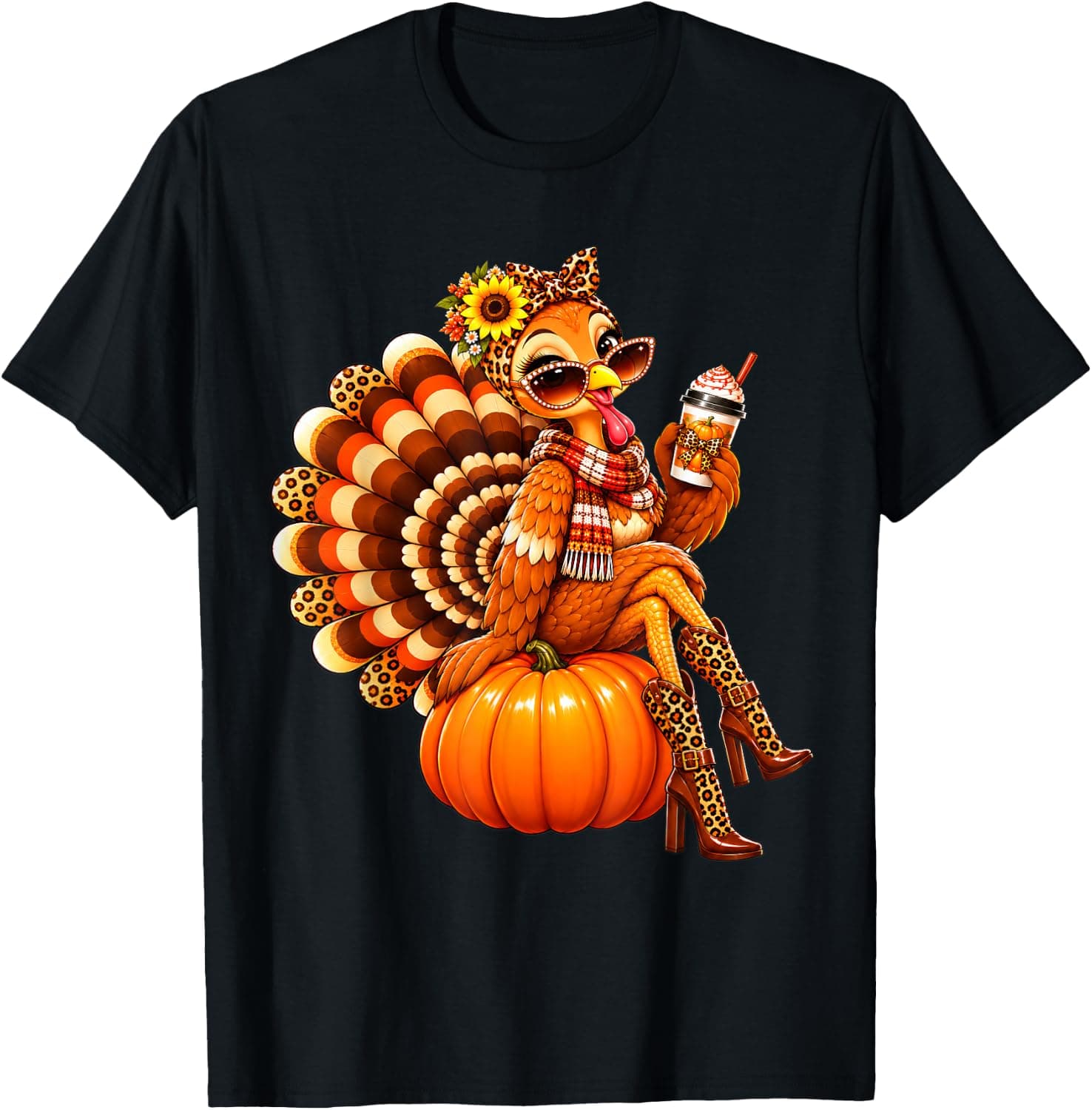 Leopard Turkey Drinking Coffee Women Thanksgiving Turkey Day T-Shirt - Trending Amazon merch on demand shirt with BSR 1,348,772