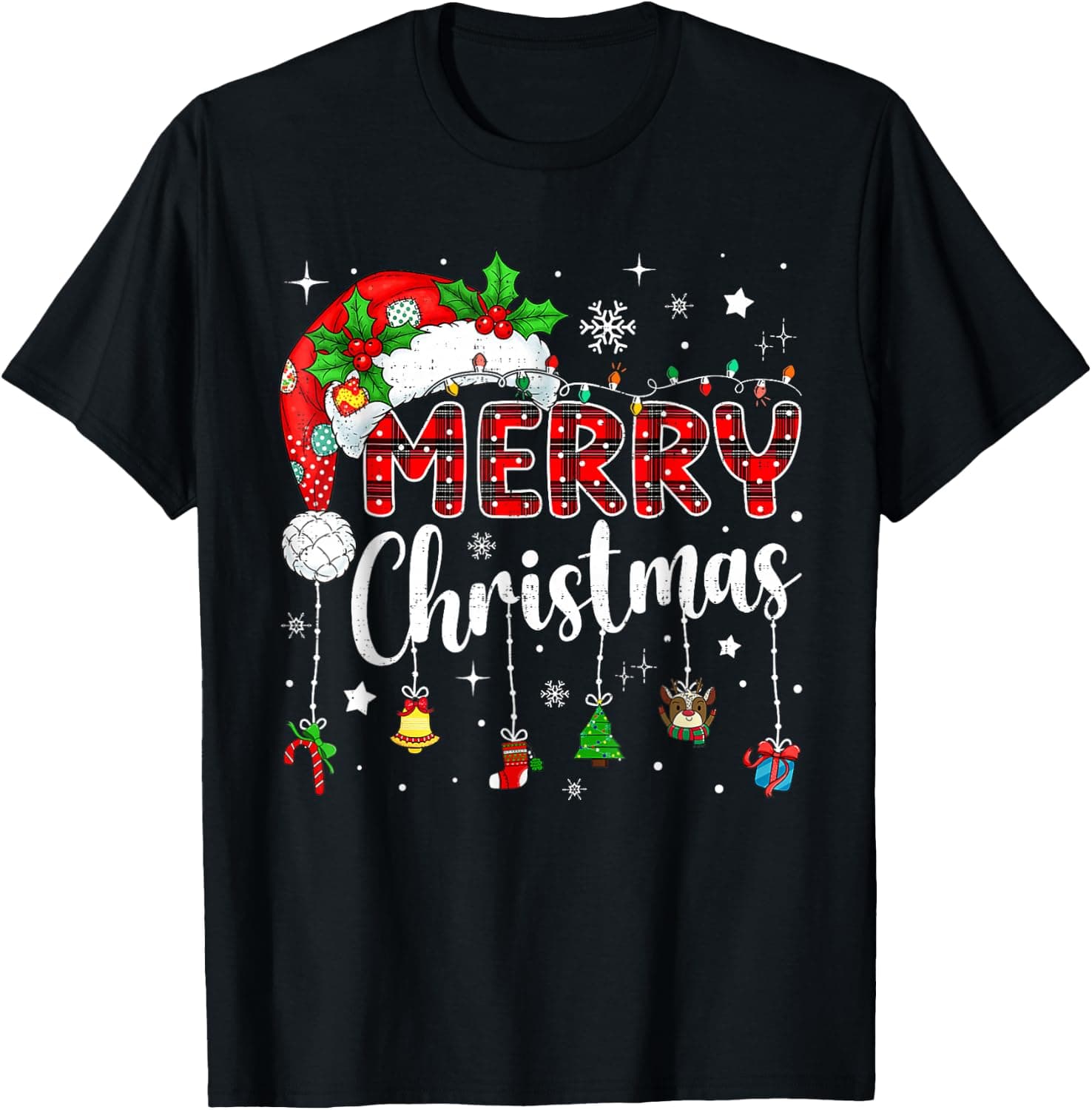 Christmas Xmas Pajamas Funny Matching Santa Hat Lights T-Shirt - Trending Amazon merch on demand shirt with BSR 1,287,074