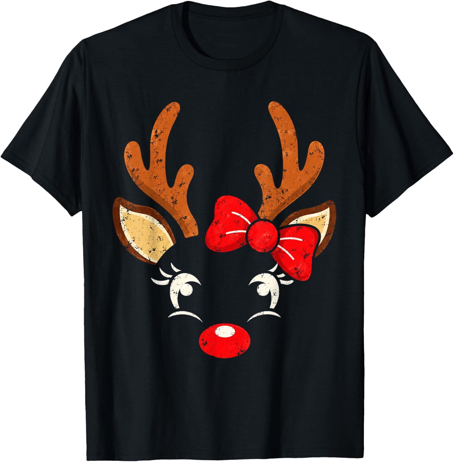 Funny Christmas Xmas Cute Reindeer Red Bow Antlers Men Women T-Shirt - Trending Amazon merch on demand shirt with BSR 1,236,547
