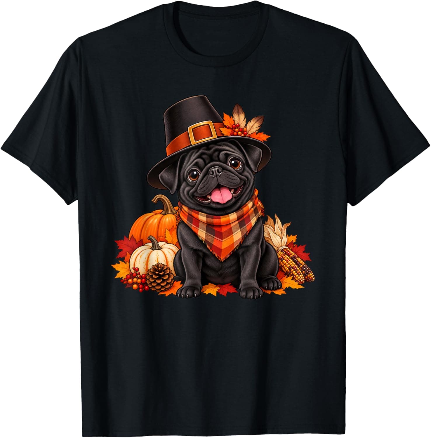 Dog Black Pug Thanksgiving T-Shirt - Trending Amazon merch on demand shirt with BSR 2,909,570