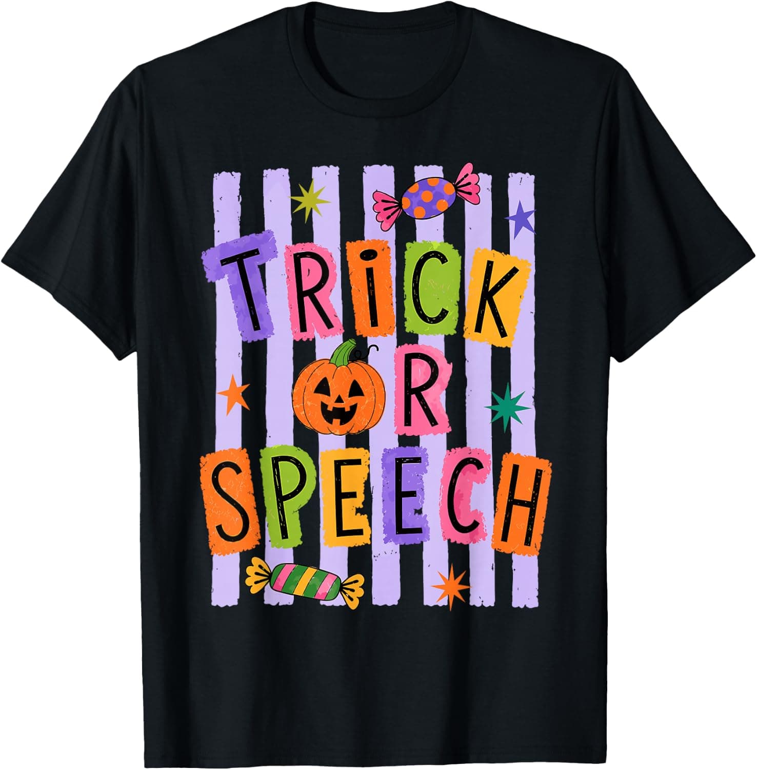 Cute Striped Halloween Trick Or Speech Therapy Teacher SLP T-Shirt - Trending Amazon merch on demand shirt with BSR 560,975