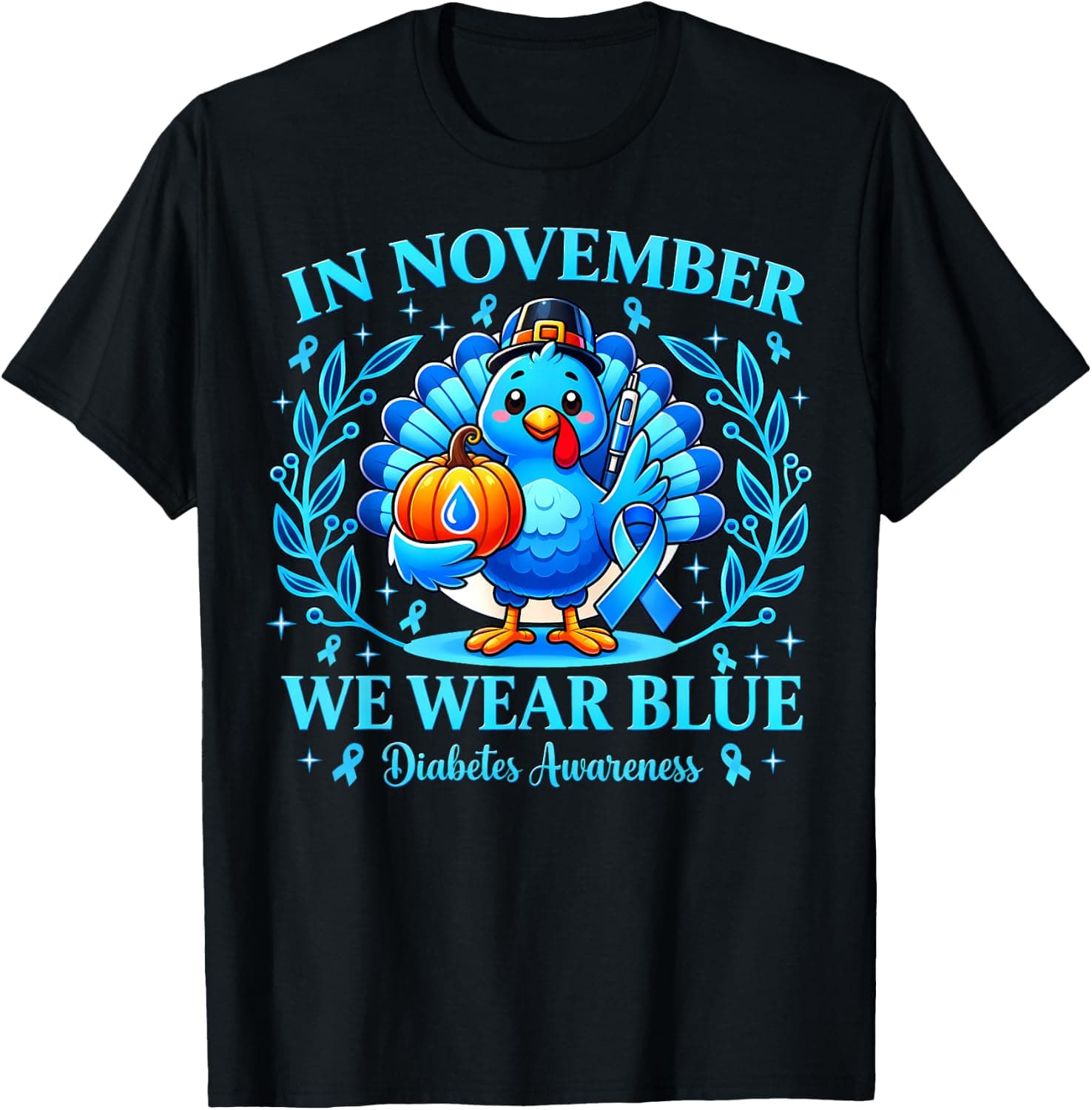 in November We Wear Blue Thanksgiving Turkey Diabetes T-Shirt - Trending Amazon merch on demand shirt with BSR 1,711,291