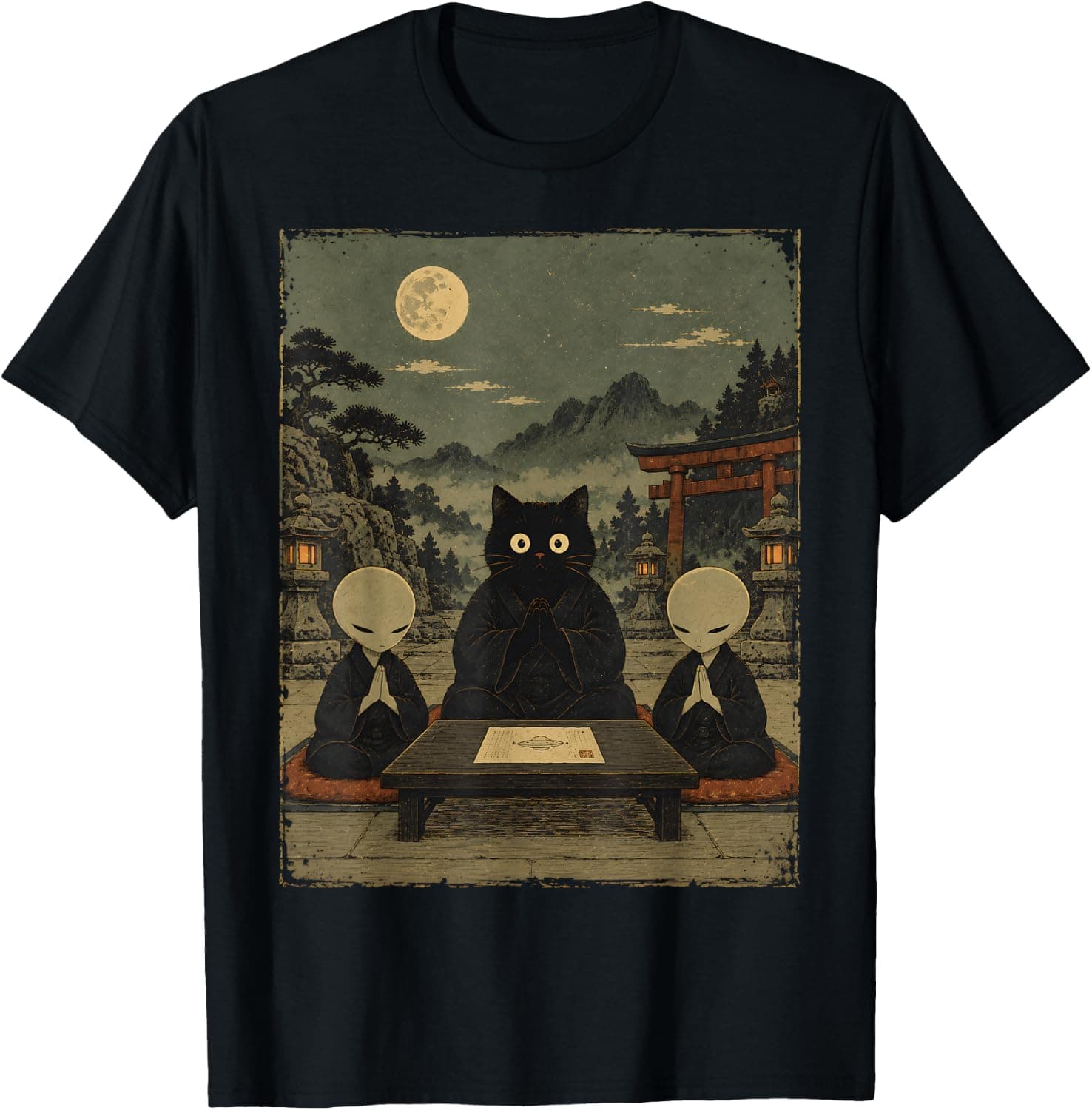 Cat Aliens Yoga Meditation Japanese Art Ukiyo Funny Yoga Cat T-Shirt - Trending Amazon merch on demand shirt with BSR 994,849