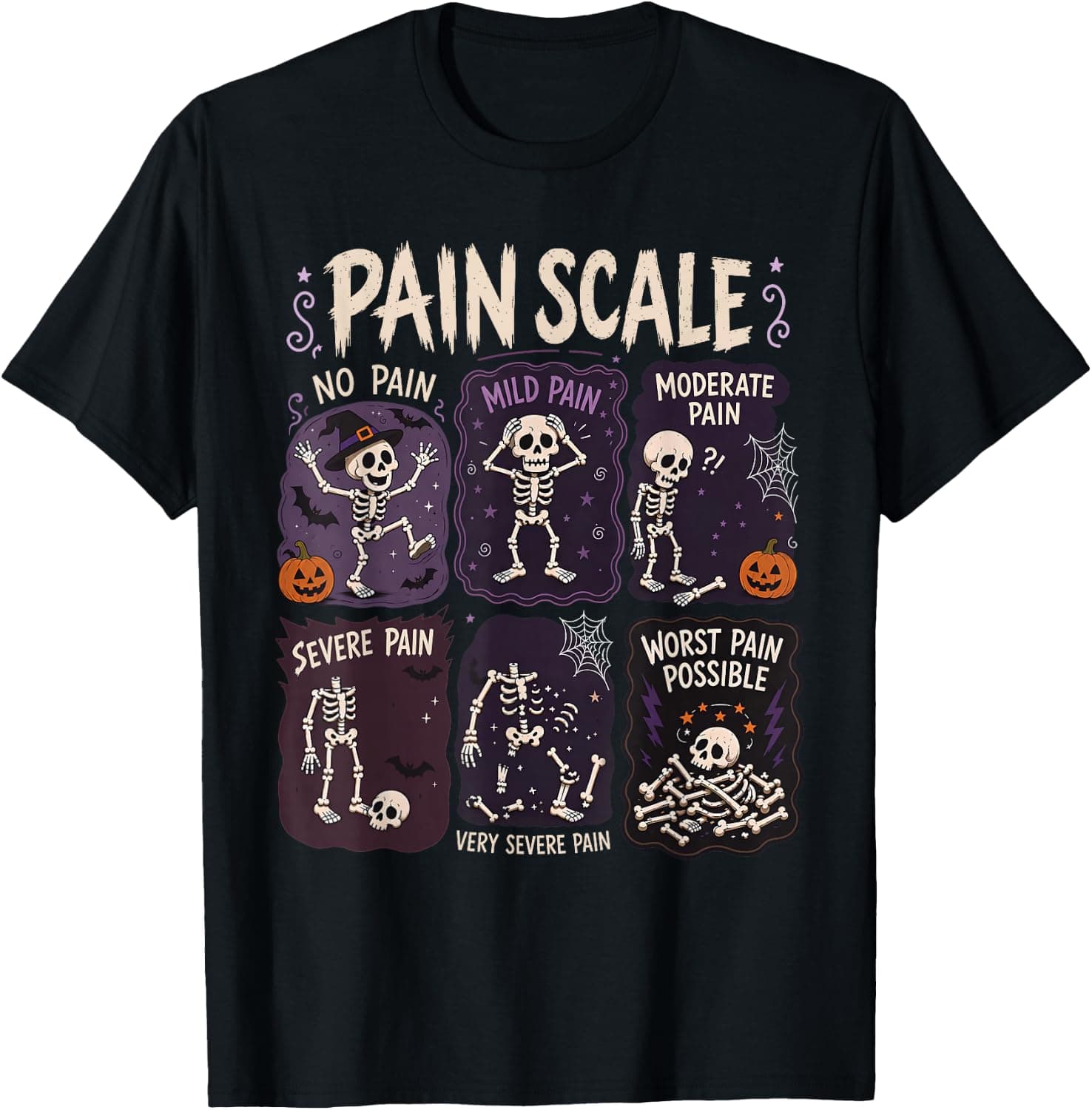 Funny Skeleton Pain Scale Trauma ER Nurses Crew Halloween T-Shirt - Trending POD product with BSR 121,688