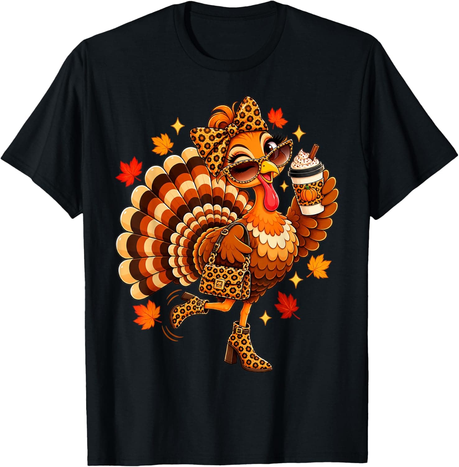 Leopard Turkey Drinking Coffee Women Thanksgiving Turkey Day T-Shirt - Trending Amazon merch on demand shirt with BSR 2,601,425