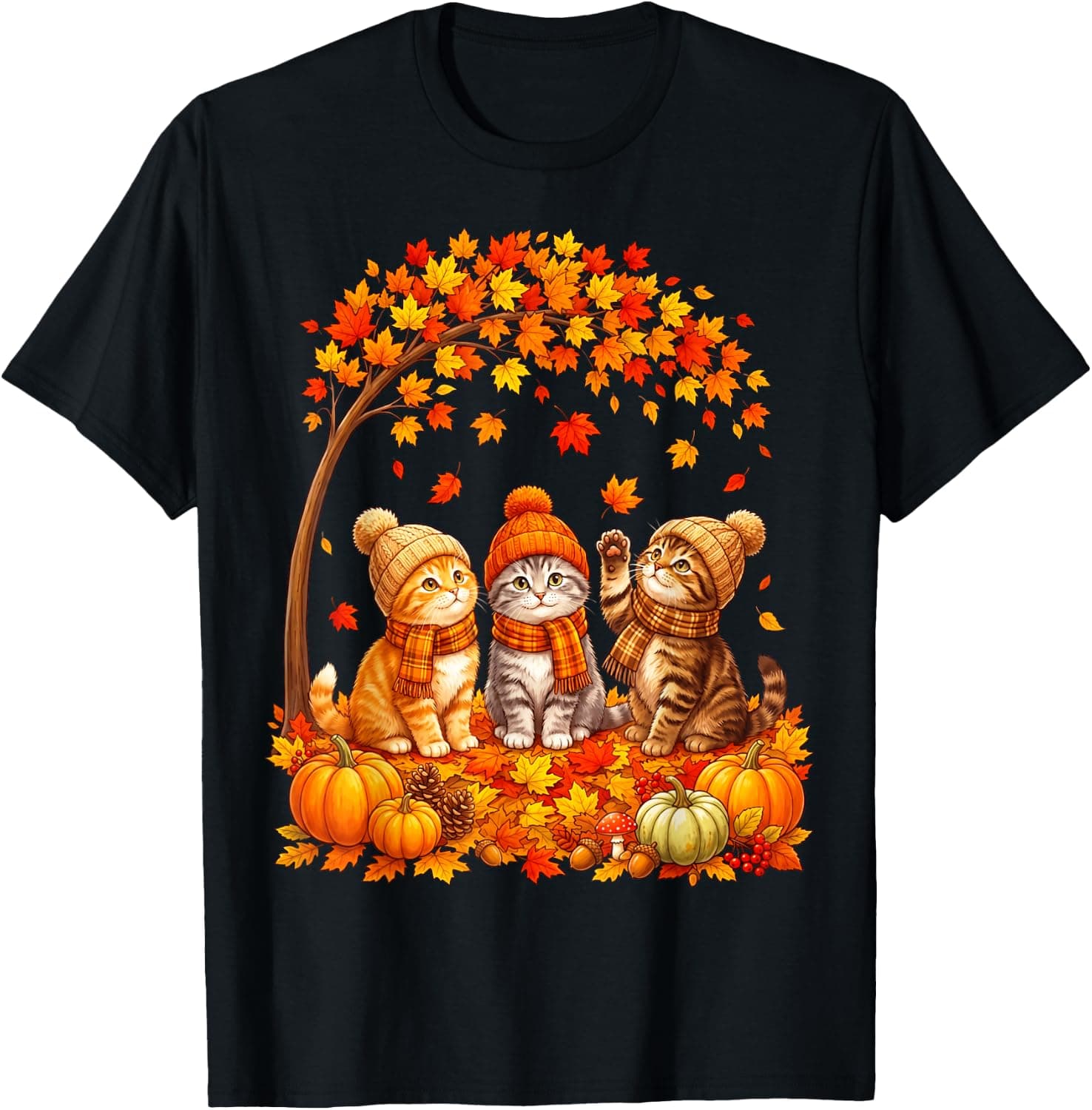 Cute Cats Autumn Leaves Pumpkin Fall Thanksgiving Cat Lover T-Shirt - Trending Amazon merch on demand shirt with BSR 1,348,832