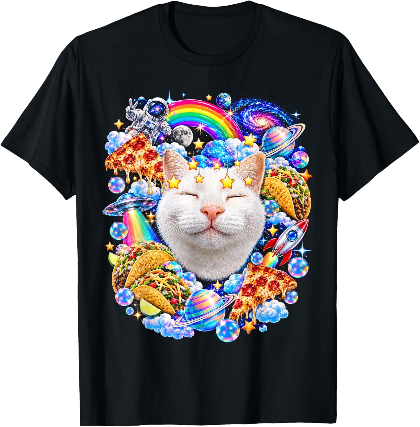 Cat Frutiger Aero Retro 2000s Rainbow Pizza Tacos Space T-Shirt - Trending Amazon merch on demand shirt with BSR 1,363,418