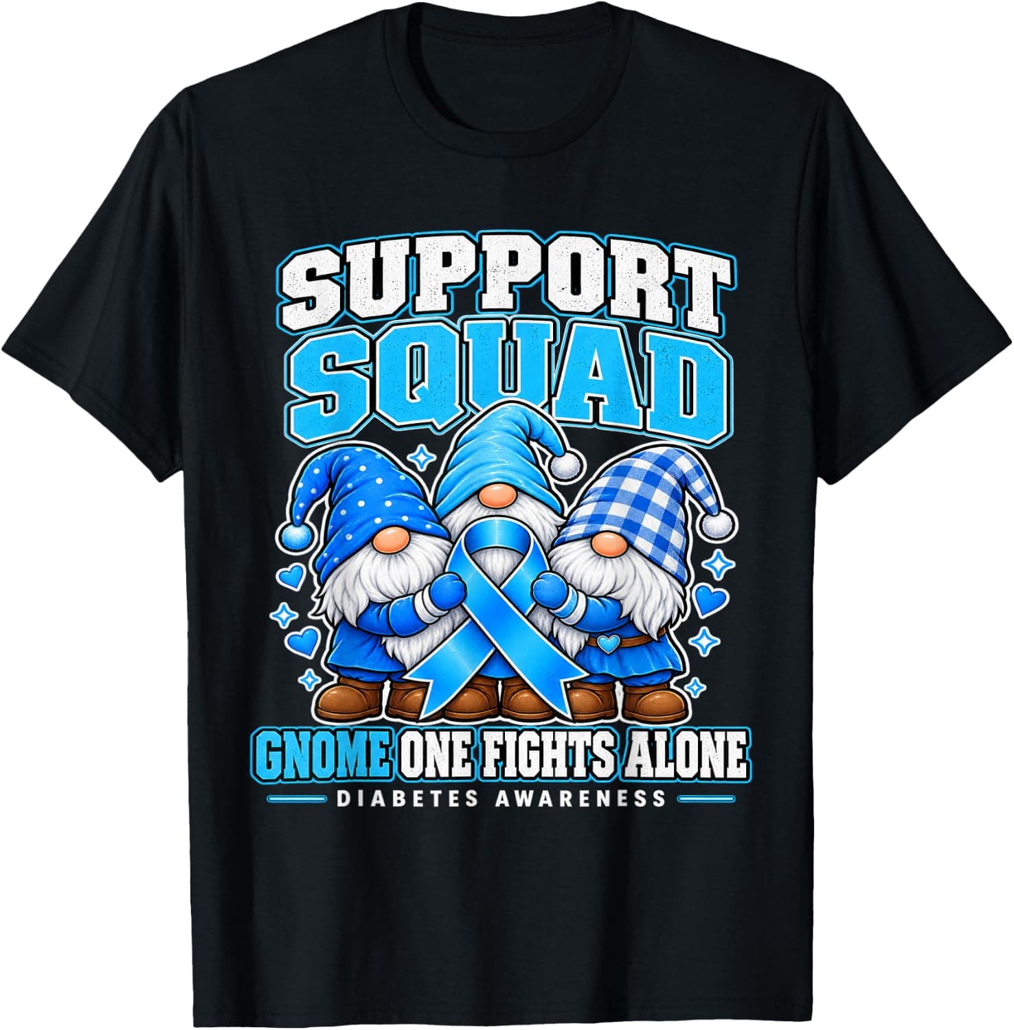 Gnome One Fights Alone Diabetes Awareness Support Squad T-Shirt - Trending Amazon merch on demand shirt with BSR 1,248,454