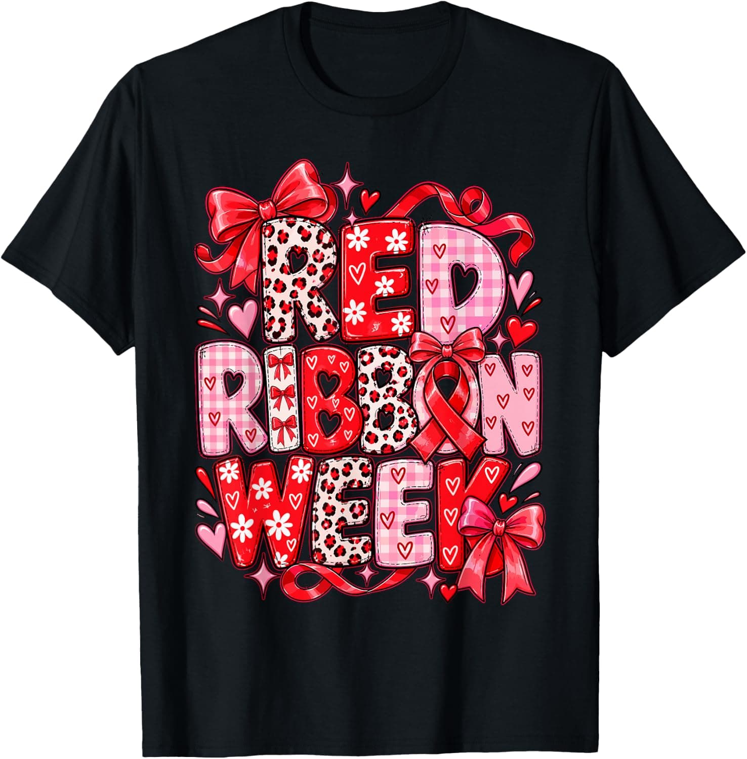 Red Ribbon Week Drug Free Awareness Hearts Bows T-Shirt - Trending Amazon merch on demand shirt with BSR 620,386