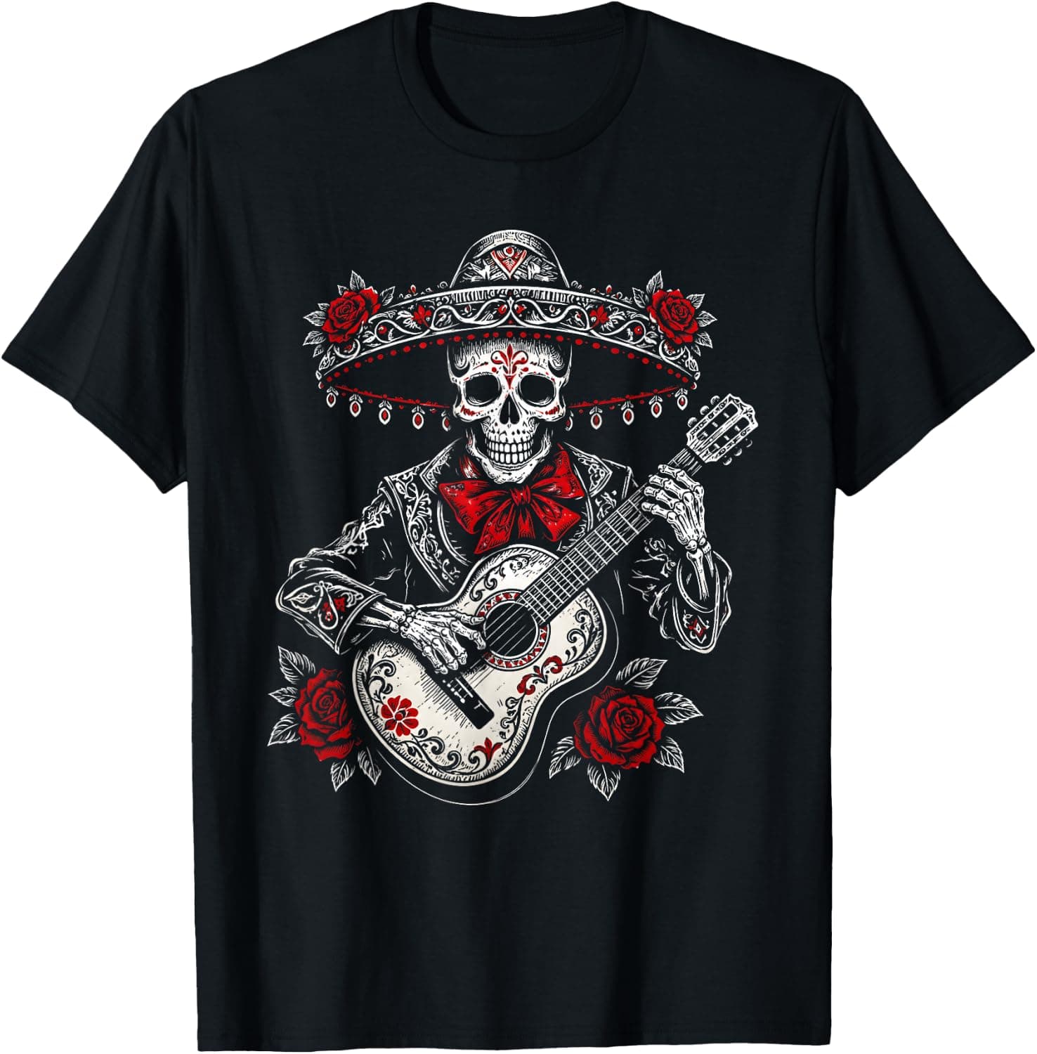 Dia de Los Muertos Sugar Skull Floral Skeleton Guitar Men T-Shirt - Trending Amazon merch on demand shirt with BSR 604,985