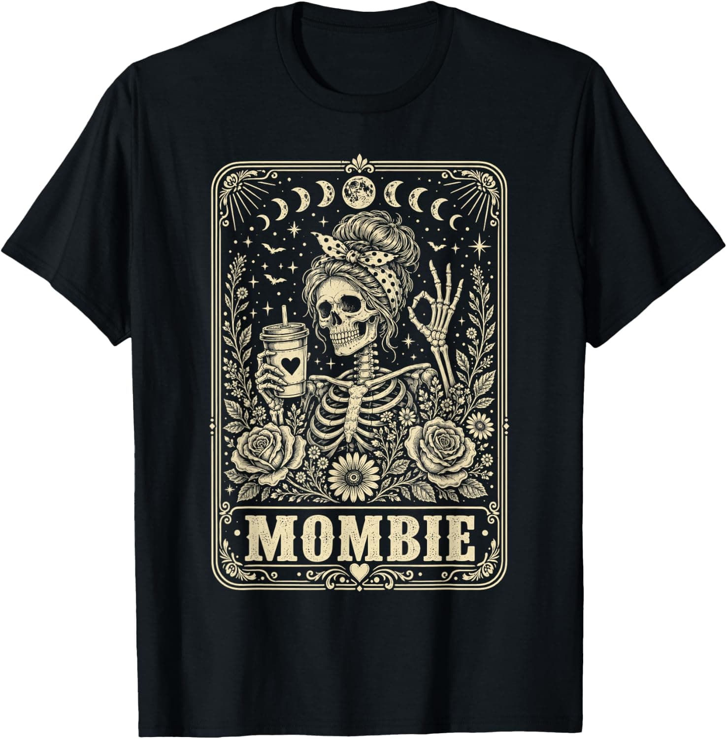 Mombie Skeleton Drinking Coffee Messy Bun Tarot Card T-Shirt - Trending POD product with BSR 863,378