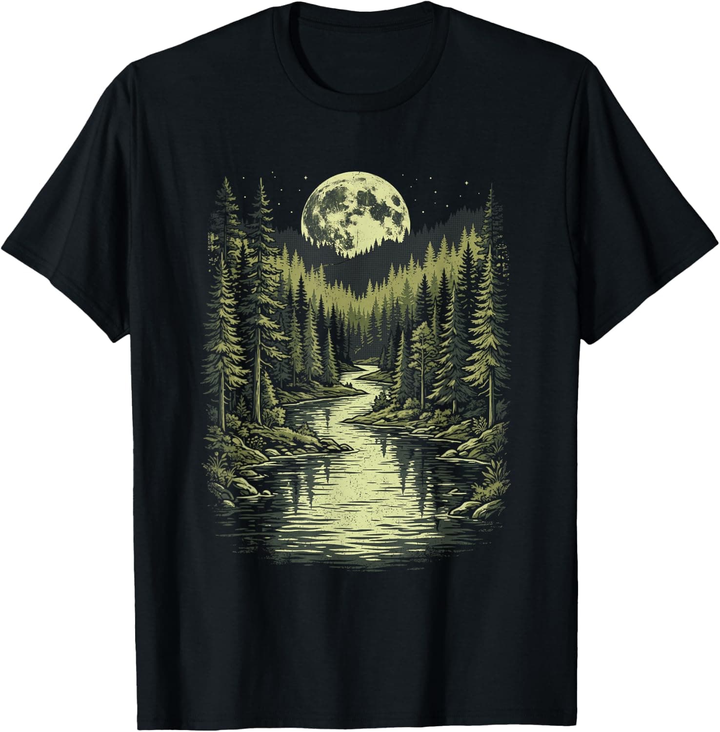 Full Moon Pine Tree Forest River Night Nature Landscape T-Shirt - Trending Amazon merch on demand shirt with BSR 1,844,719