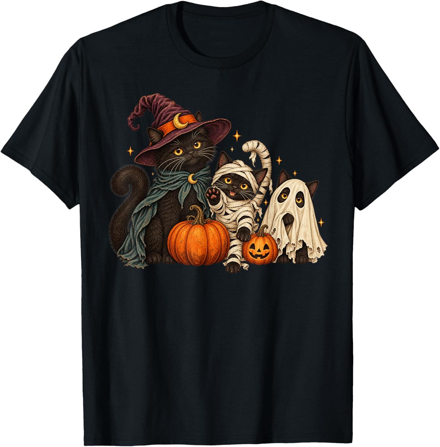 Retro Black Cat Witch Scary Halloween Pumpkin T-Shirt - Trending Amazon merch on demand shirt with BSR 838,020