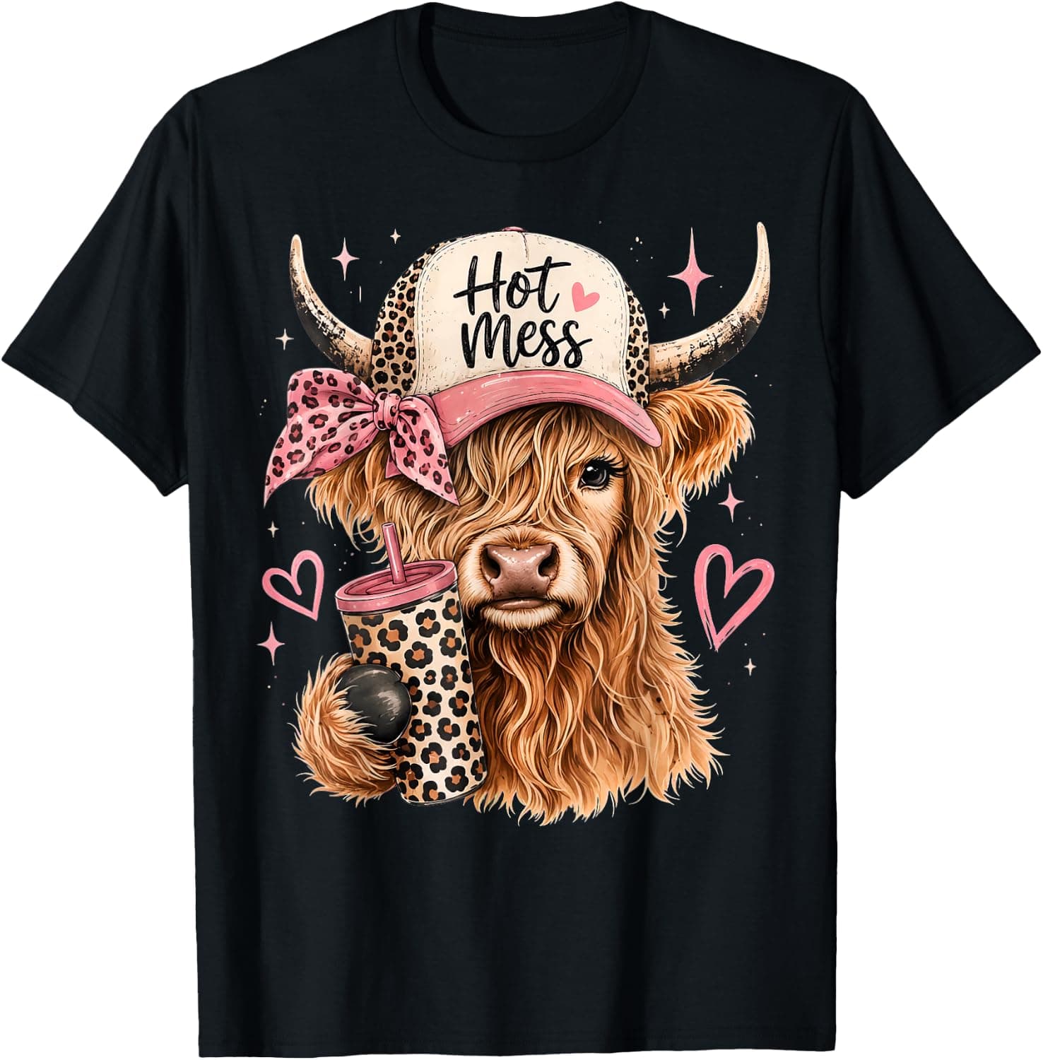 Hot Mess Leopard Highland Cow Funny Coffee Lover Graphic T-Shirt - Trending POD product with BSR 149,037
