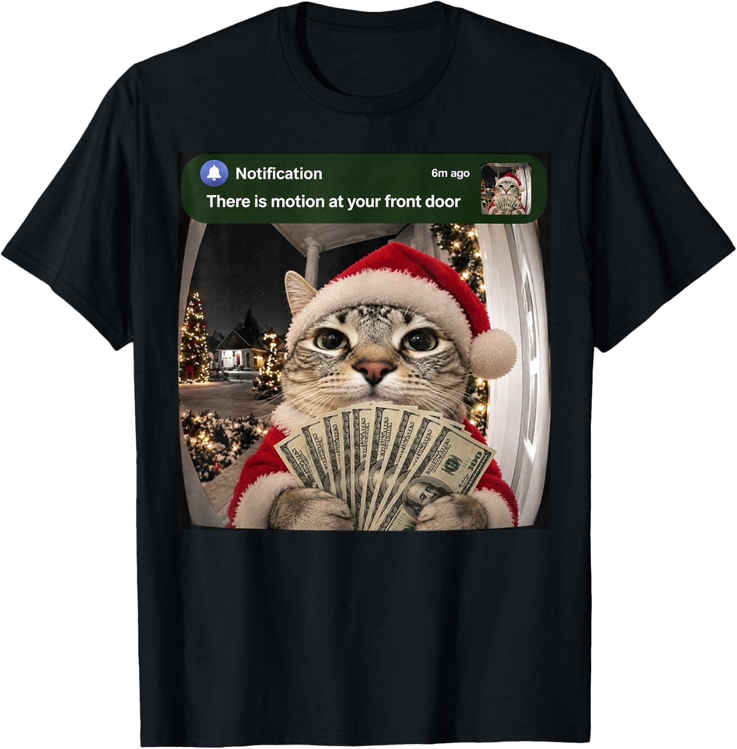 There is Motion at Your Front Door Funny Christmas Cat Meme T-Shirt - Trending Amazon merch on demand shirt with BSR 1,081,617