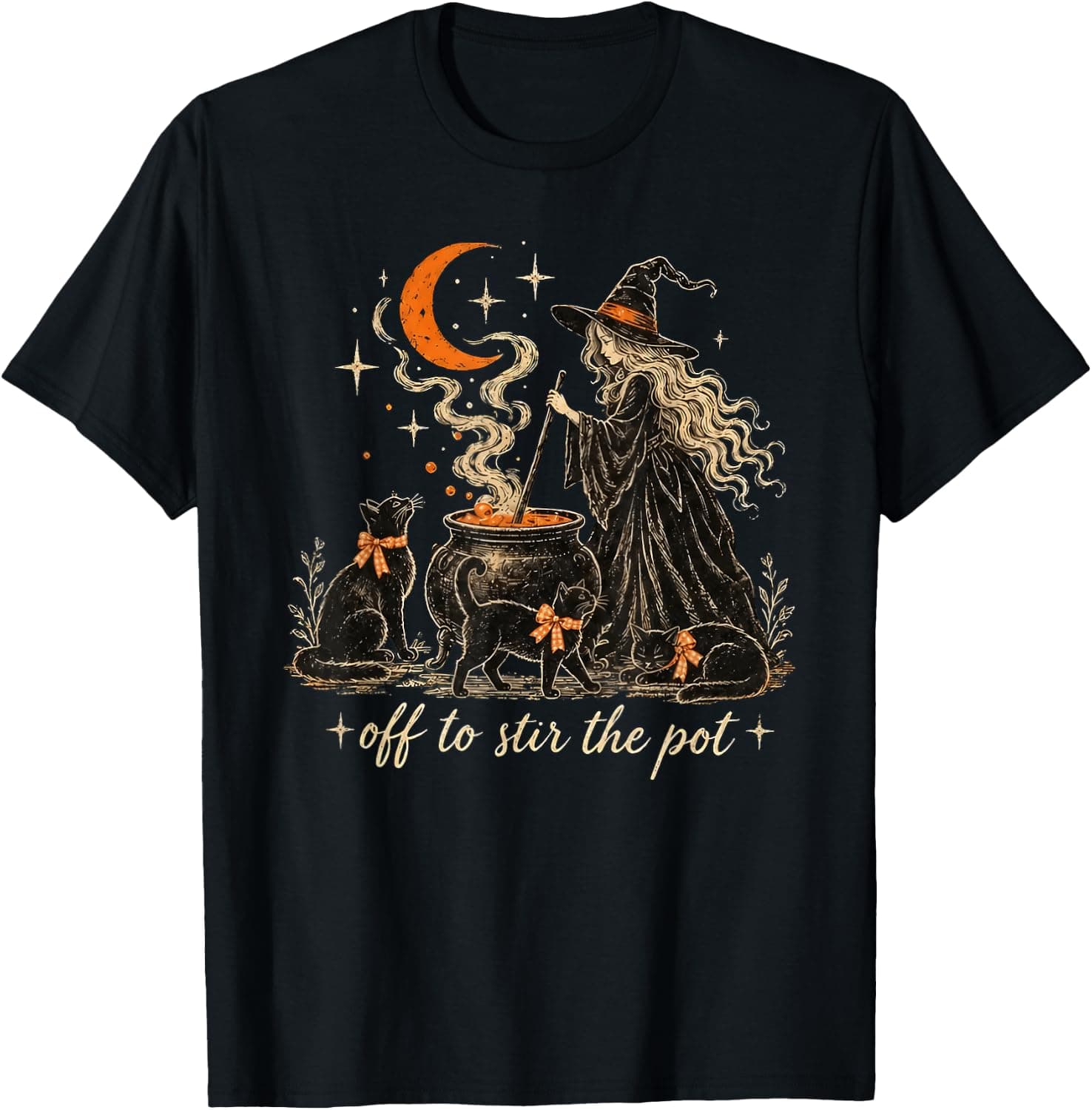 Off to Stir The Pot Witch Black Cat Halloween Spooky Women T-Shirt - Trending Amazon merch on demand shirt with BSR 1,009,747