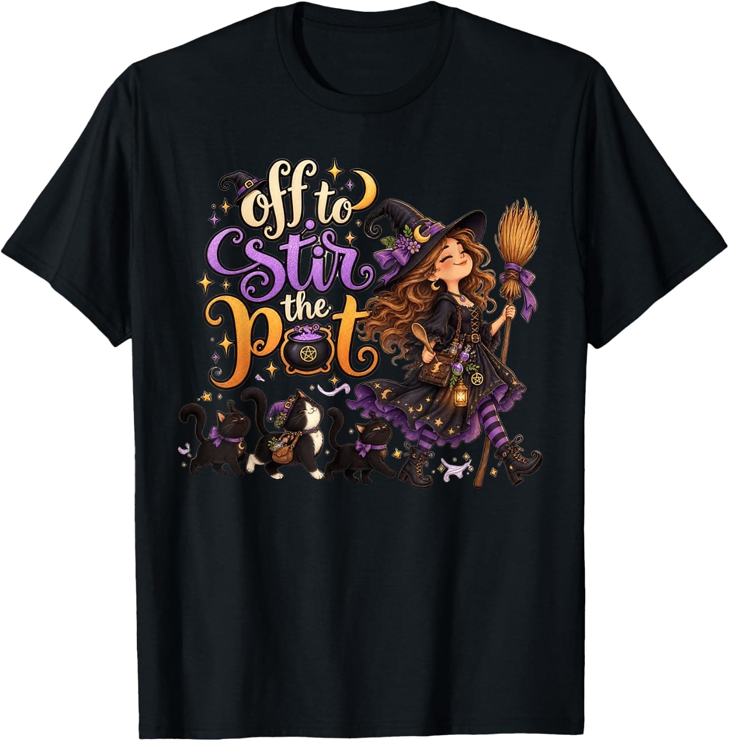 Off to Stir The Pot Witch Black Cat Halloween Spooky Women T-Shirt - Trending Amazon merch on demand shirt with BSR 1,286,868