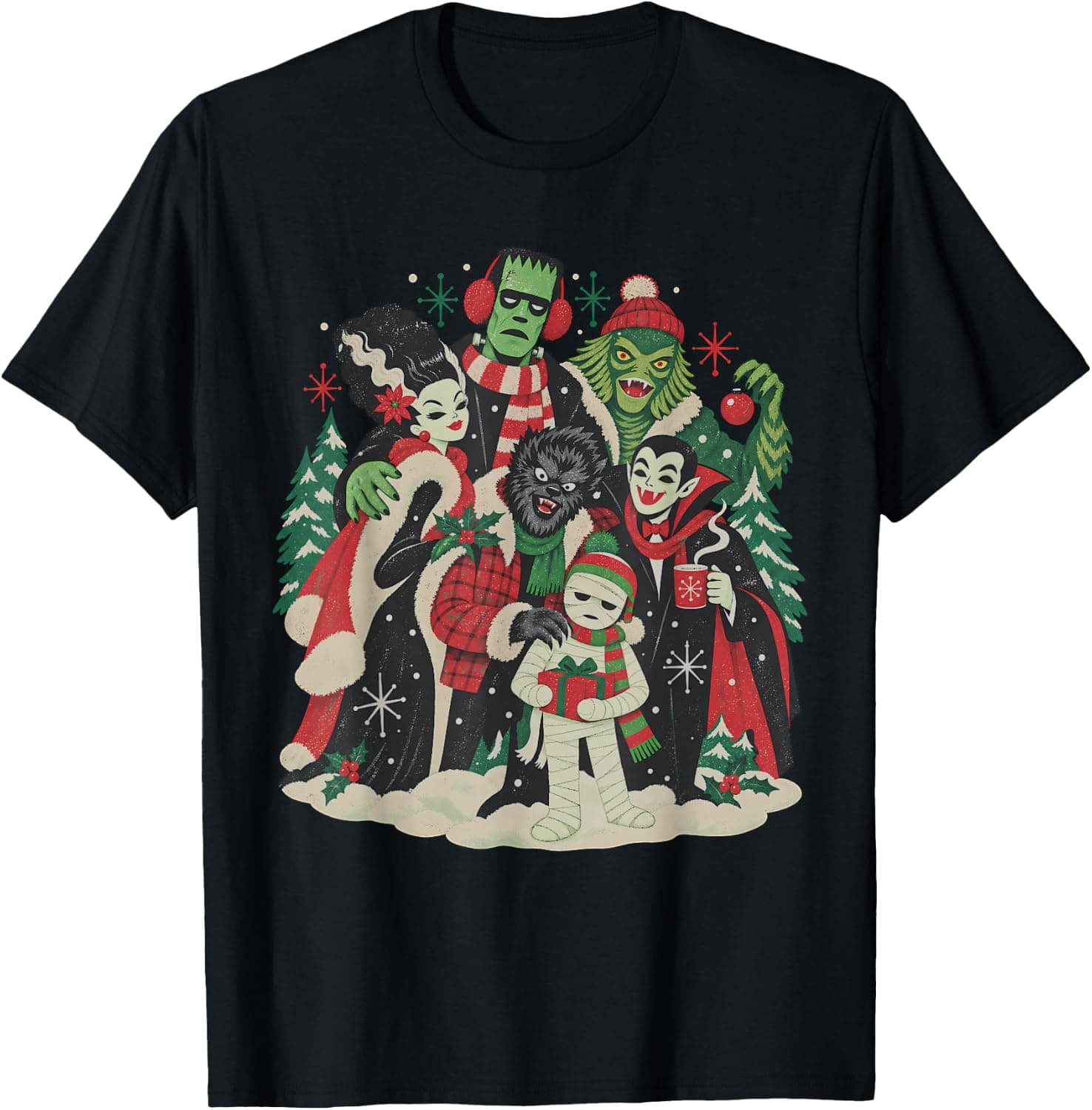 Vintage Retro Christmas Monster Mash Funny Vampire Werewolf T-Shirt - Trending Amazon merch on demand shirt with BSR 1,460,342