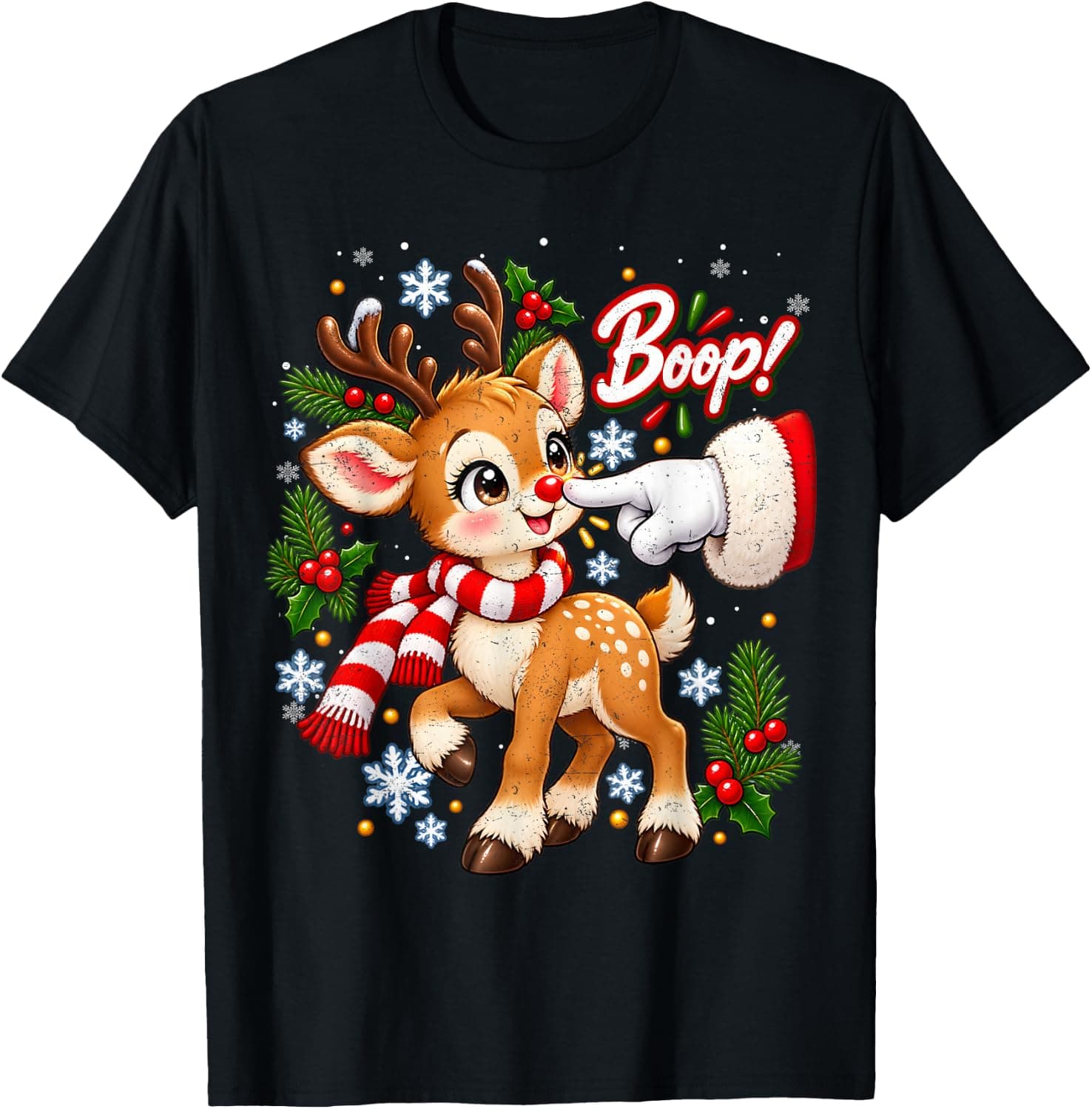 Funny Santa Hand Boop Nose Reindeer Rudolph Xmas Boy Girl T-Shirt - Trending Amazon merch on demand shirt with BSR 1,696,706