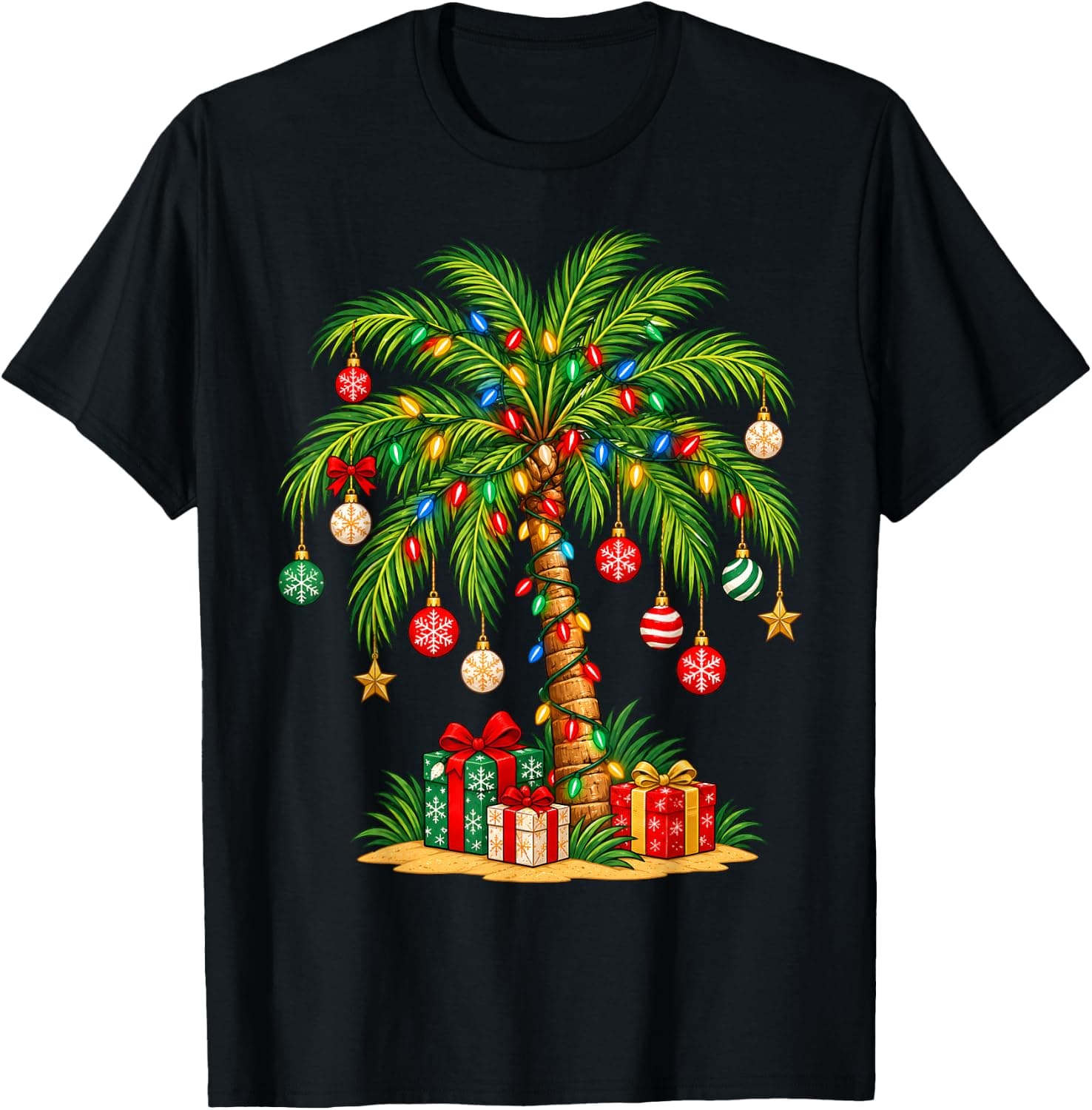 Tropical Christmas Hawaiian Santa Xmas Lights Palm Tree T-Shirt - Trending Amazon merch on demand shirt with BSR 1,934,585