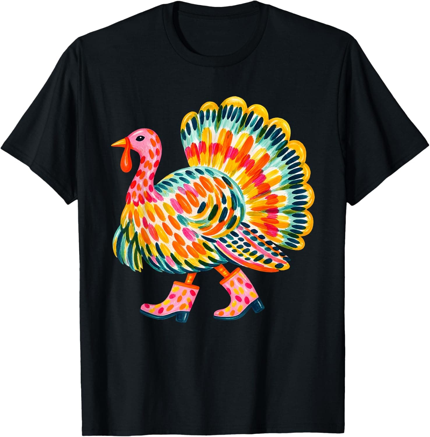 Colorful Turkey with Boots Women Thanksgiving Turkey Day T-Shirt - Trending Amazon merch on demand shirt with BSR 985,032