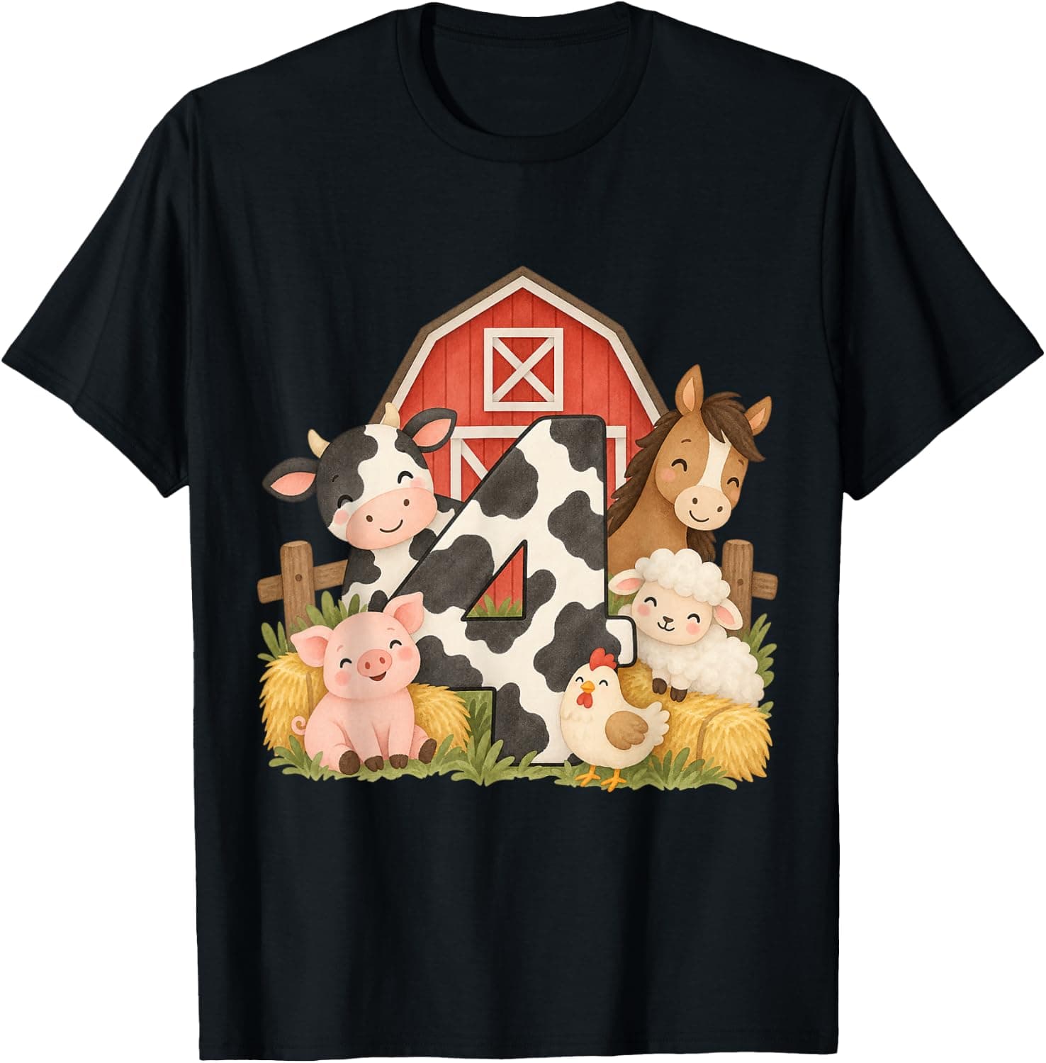 Farm Barnyard Theme Pig Cow Horse 4th Birthday 4 Yrs Old T-Shirt - Trending POD product with BSR 1,265,524