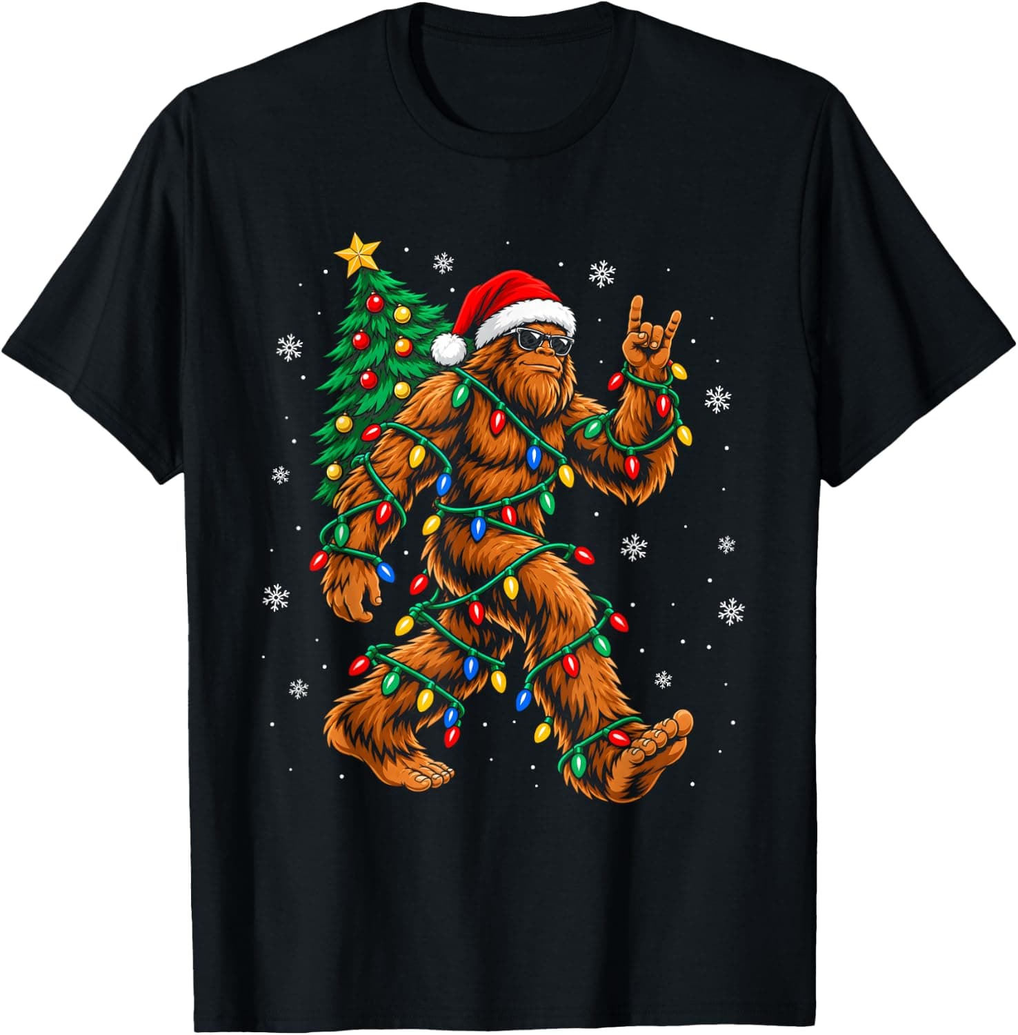 Bigfoot Santa Christmas Tree Lights Funny Xmas Sasquatch T-Shirt - Trending Amazon merch on demand shirt with BSR 1,313,972