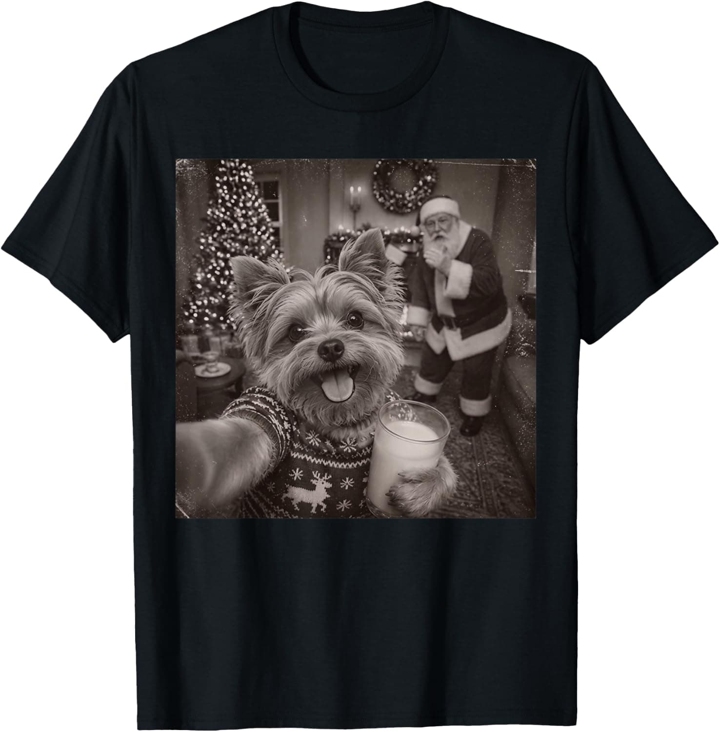 Christmas Yorkie Santa Funny Dog Selfie with Santa T-Shirt - Trending Amazon merch on demand shirt with BSR 921,569