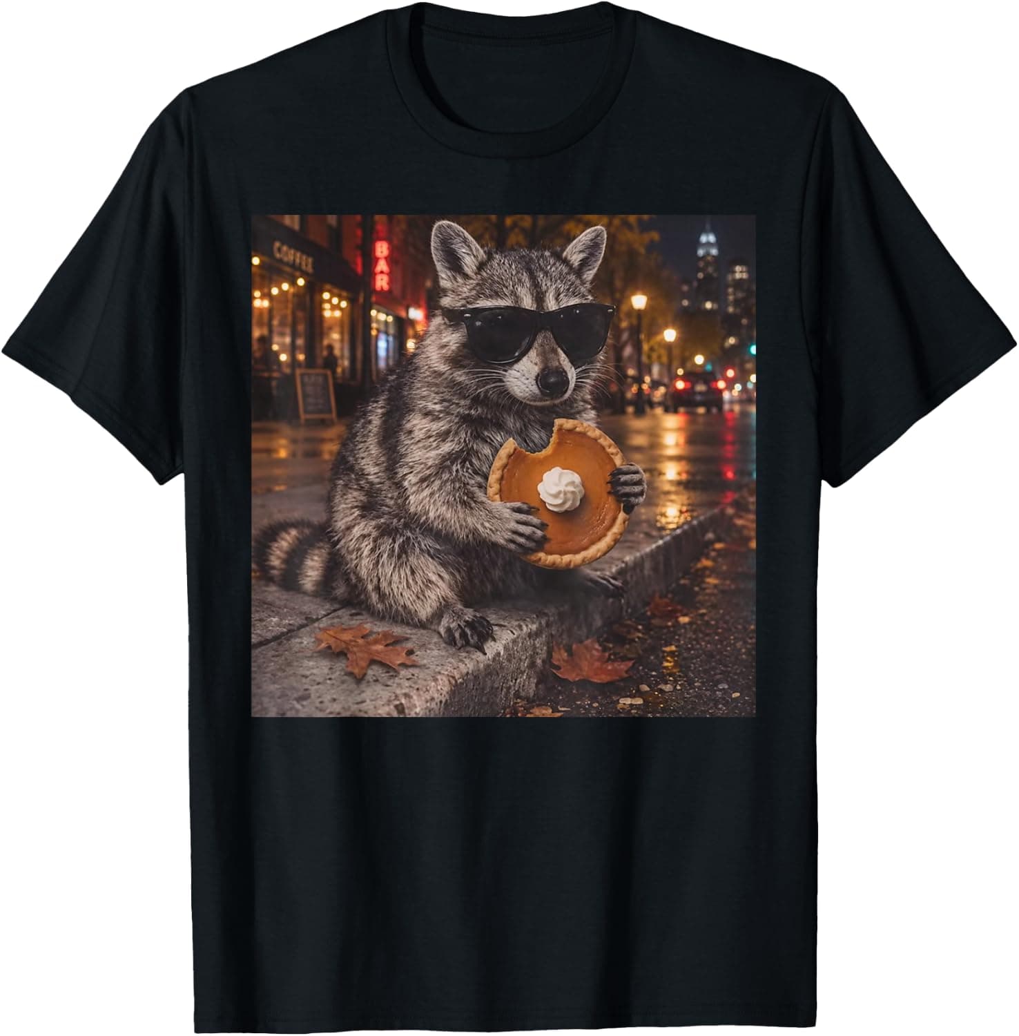 Funny Raccoon Sunglasses Eating Pumpkin Pie Thanksgiving T-Shirt - Trending Amazon merch on demand shirt with BSR 1,348,647