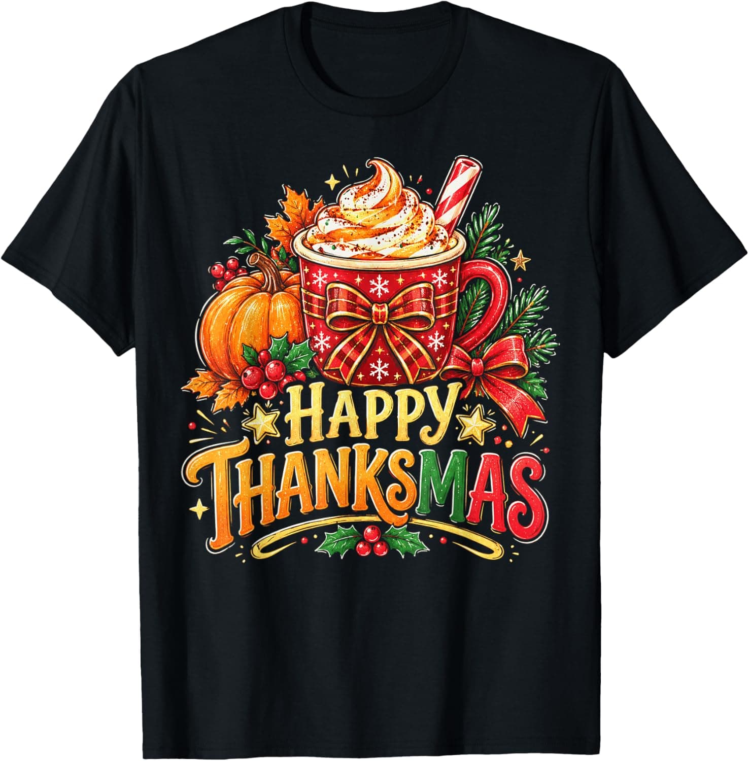 Christmas Thanksgiving Happy Thanksmas Pumpkin Latte T-Shirt - Trending Amazon merch on demand shirt with BSR 1,514,221