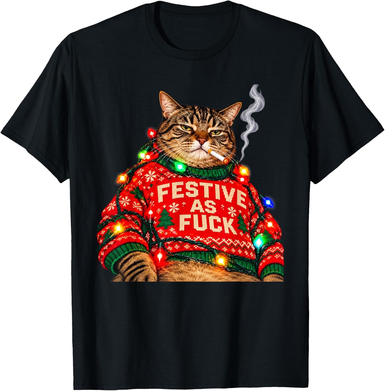 Funny Festive AF Cat Smoking Xmas Lights Ugly Christmas T-Shirt - Trending POD product with BSR 446,556