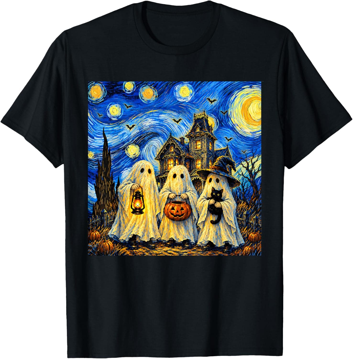 Boo Ghost Halloween Pumpkin Starry Night Van Gogh Men Women T-Shirt - Trending Amazon merch on demand shirt with BSR 619,213