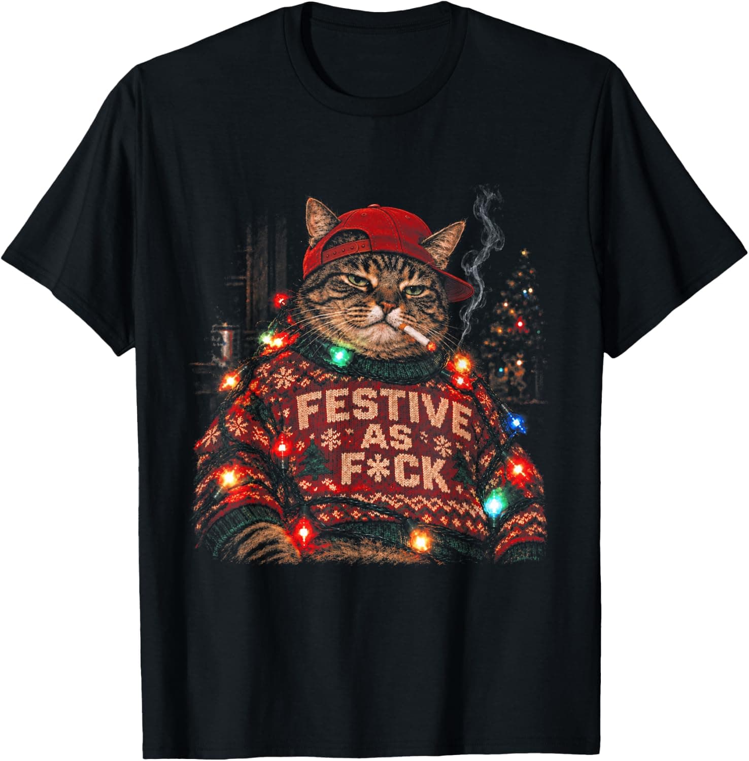 Retro Funny Black Cat Smoking Festive As FCK Meme Christmas T-Shirt - Trending Amazon merch on demand shirt with BSR 837,597