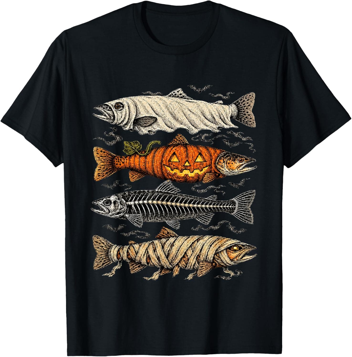 Halloween Trout Fish Ghost Pumpkin Skeleton Mummy T-Shirt - Trending POD product with BSR 135,337