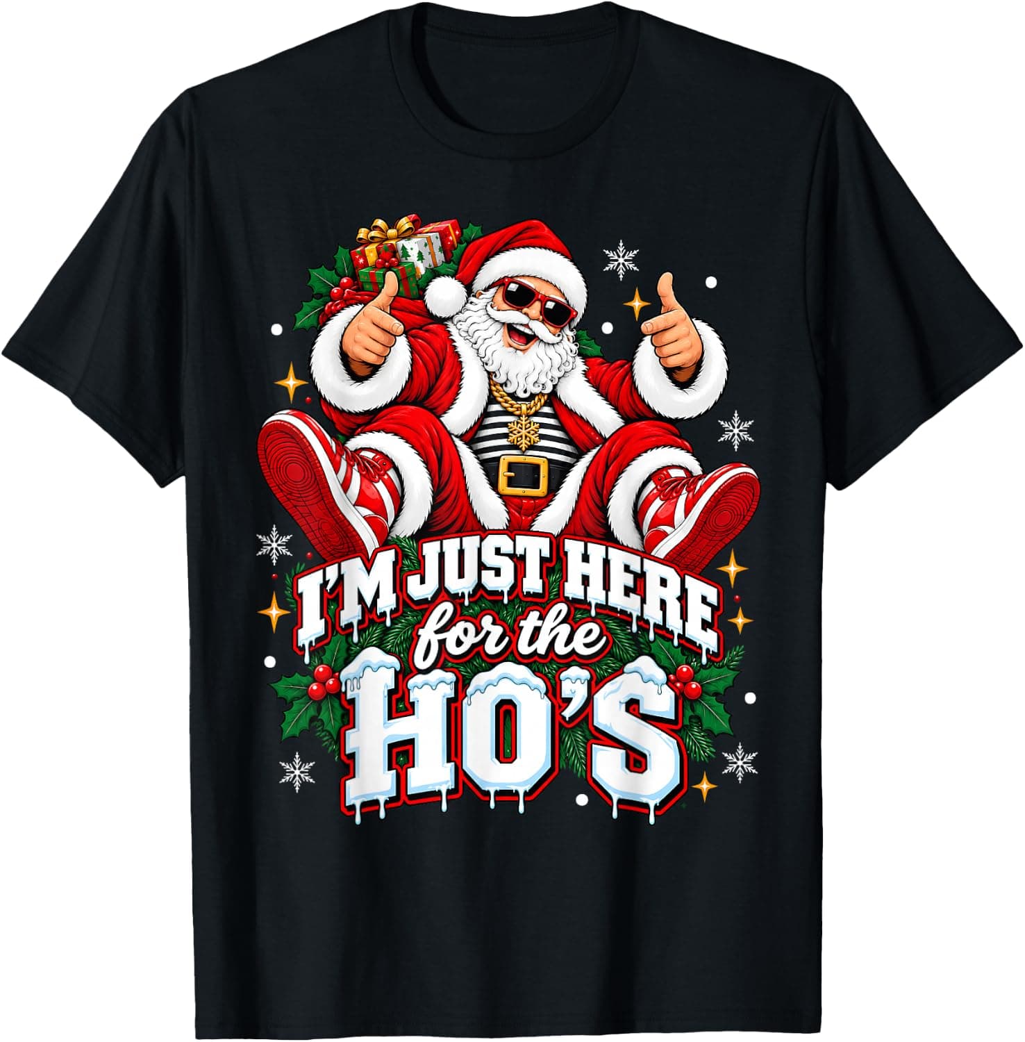 Funny I'm Just Here for the Ho's Santa Christmas T-Shirt - Trending Amazon merch on demand shirt with BSR 1,015,728