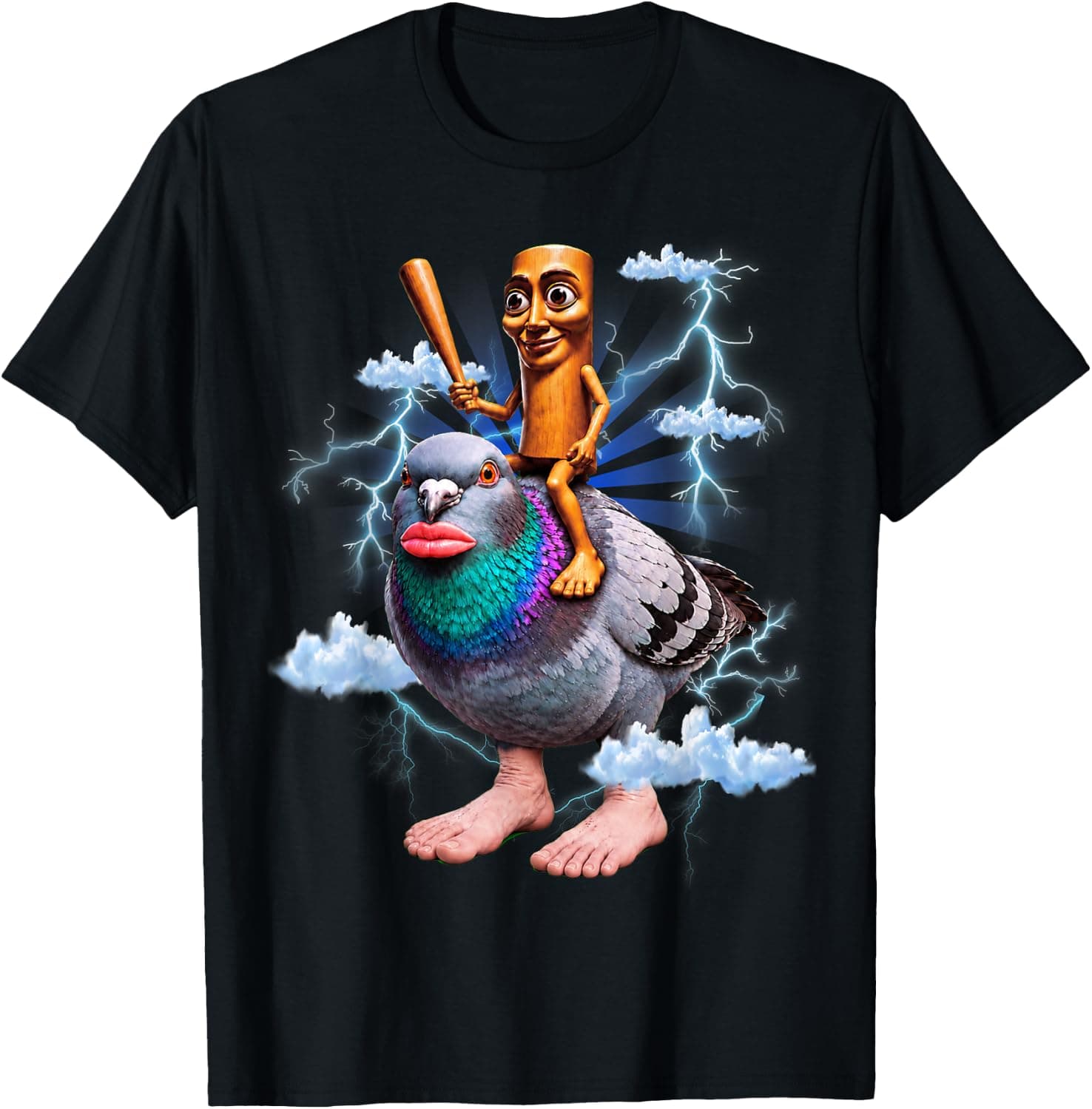 Funny Tung Tung Sahur Riding Pigeon Brainrot Meme T-Shirt - Trending Amazon merch on demand shirt with BSR 1,357,290
