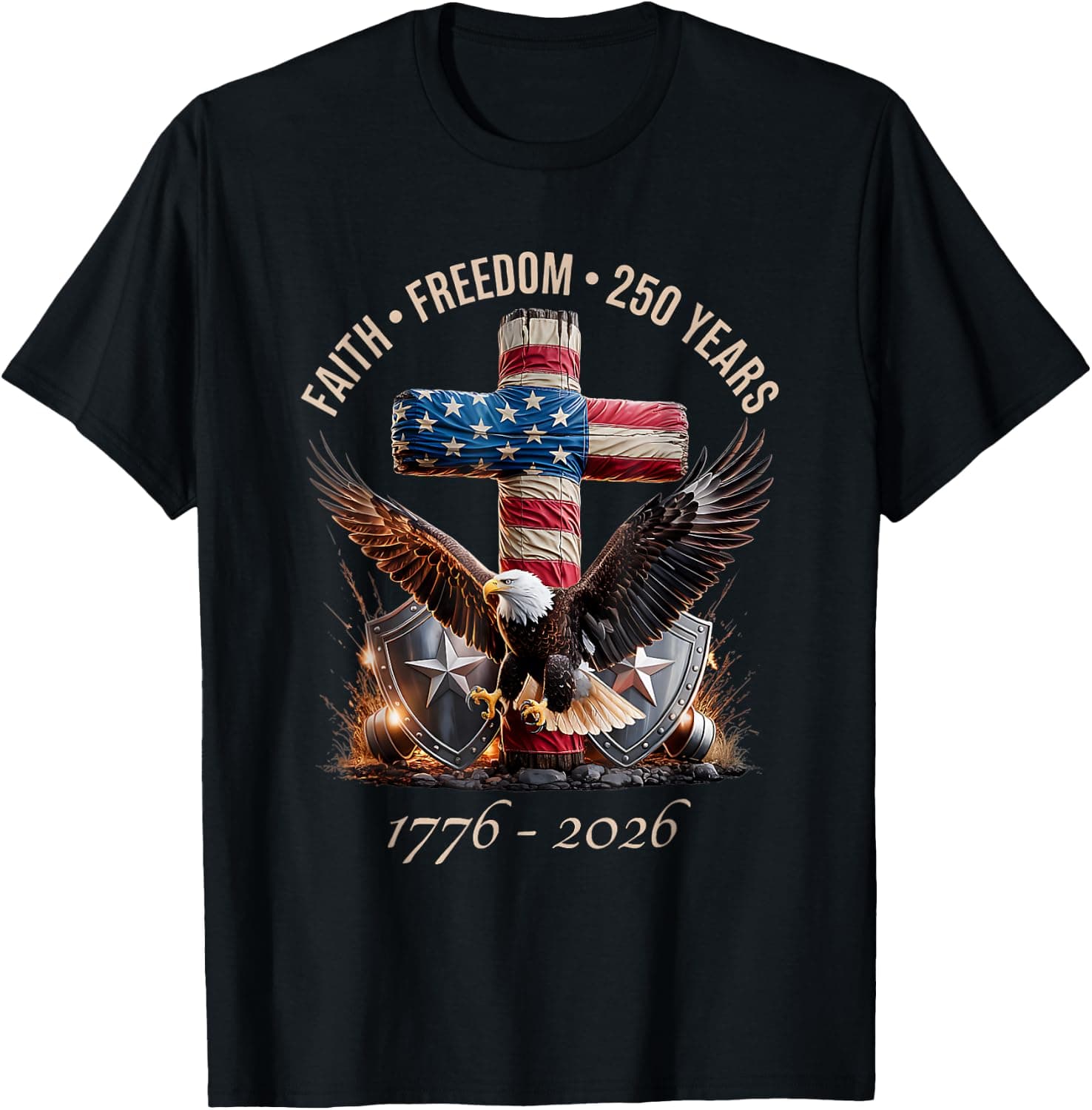 Faith Freedom 250 Years 250th Anniversary USA Independence T-Shirt - Trending POD product with BSR 9,935