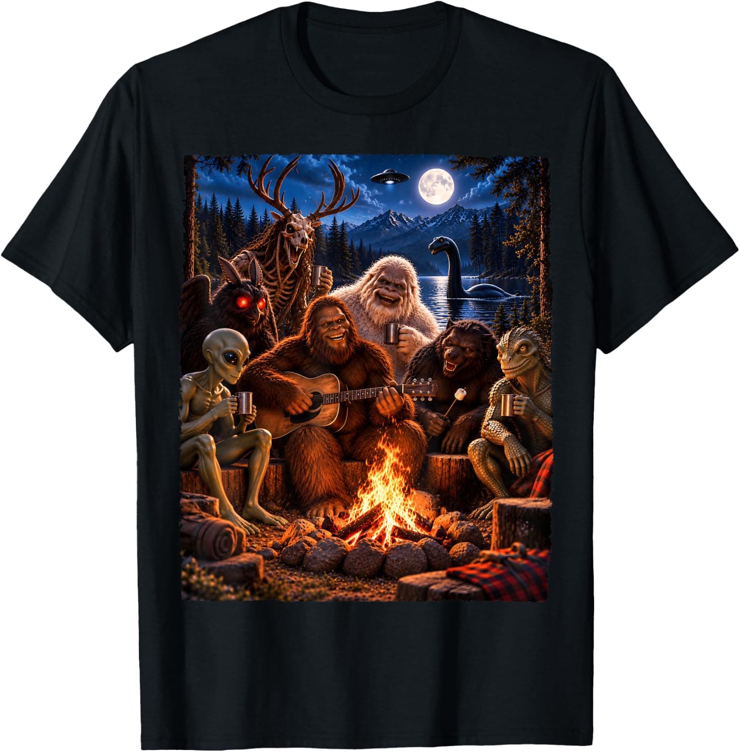 Bigfoot Alien Loch Ness Monster Campfire Cryptids Camping T-Shirt - Trending POD product with BSR 594,824