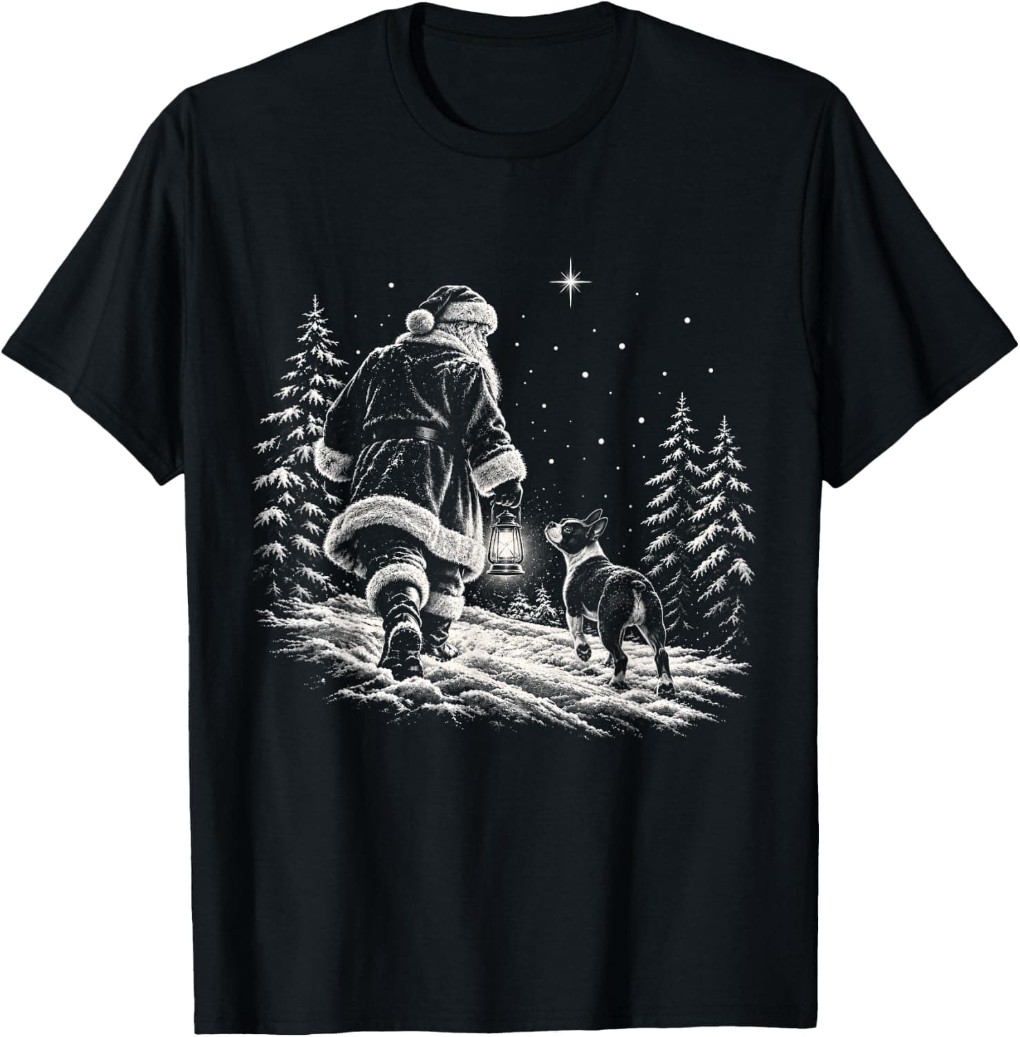 Boston Terrier Christmas Dog Walking with Santa Holiday Dog T-Shirt - Trending Amazon merch on demand shirt with BSR 1,460,345