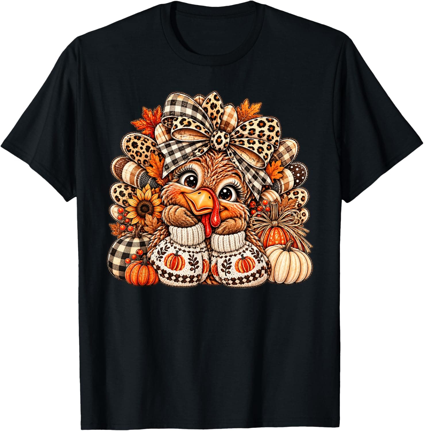 Turkey Plaid Leopard Bow Pumpkins Thanksgiving T-Shirt - Trending Amazon merch on demand shirt with BSR 1,348,914