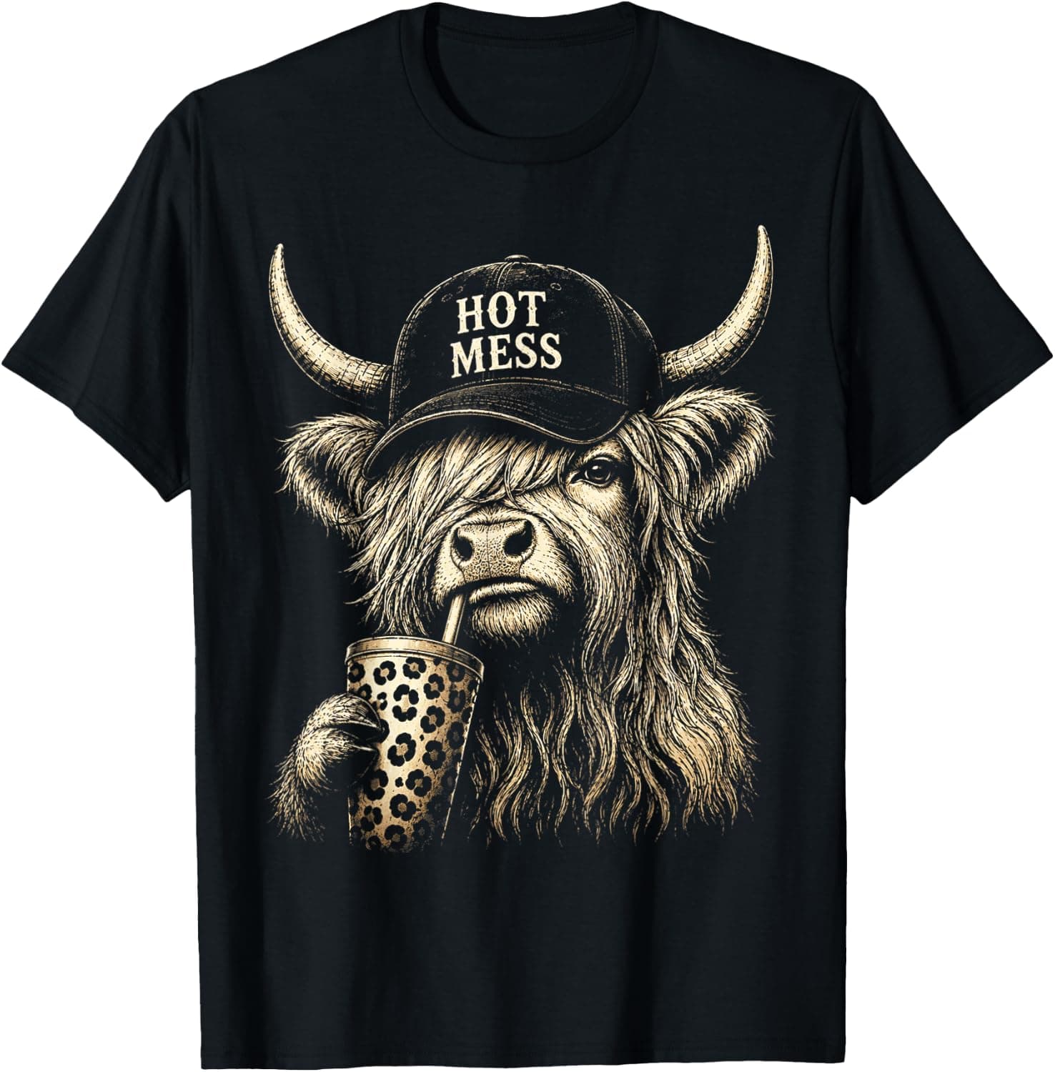 Hot Mess Highland Cow Funny Cute Coffee Lover Graphic T-Shirt - Trending POD product with BSR 236,516