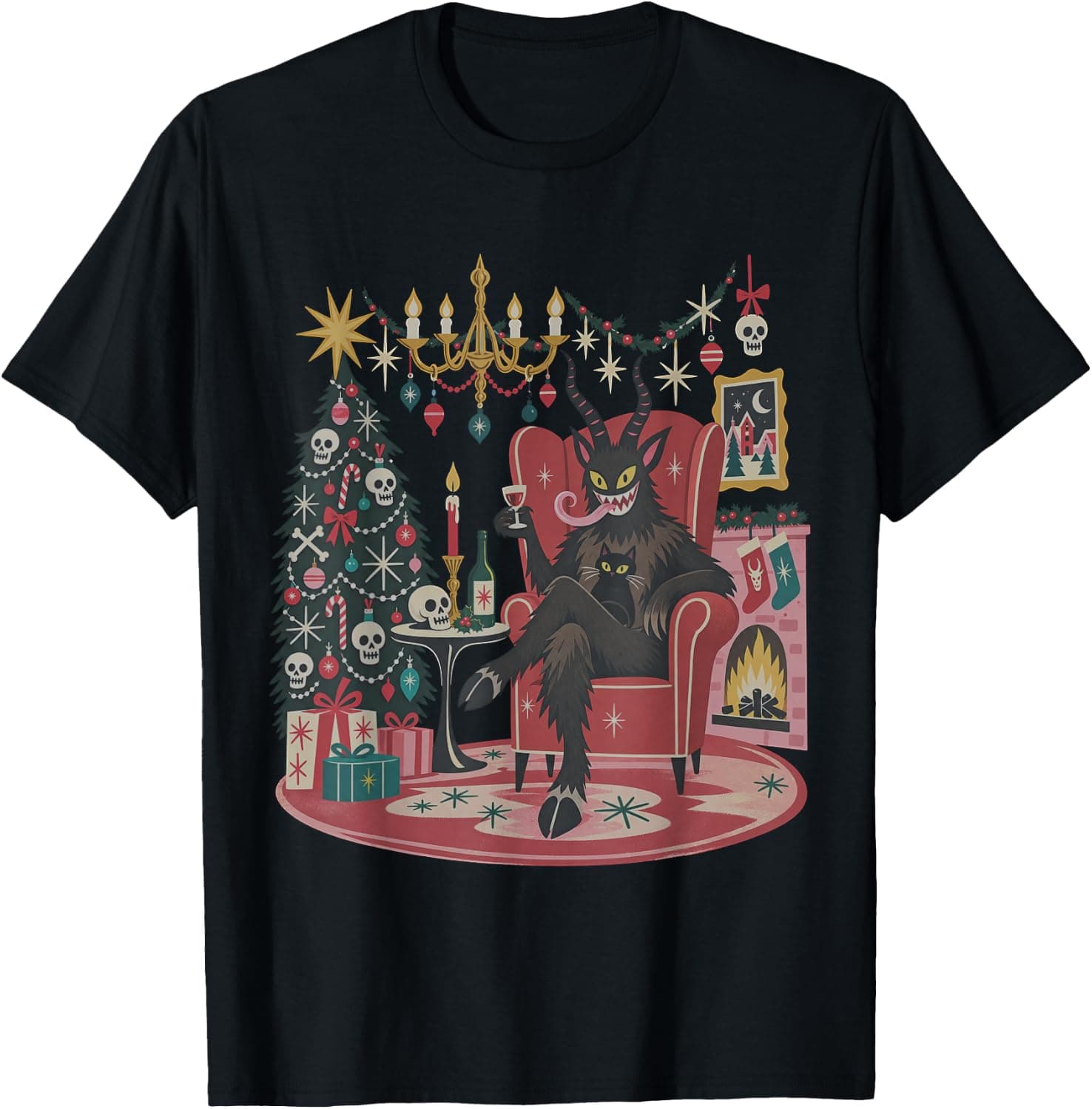 Funny Retro Vintage 90s Krampus Kitten Black Cat Xmas Tree T-Shirt - Trending Amazon merch on demand shirt with BSR 406,652