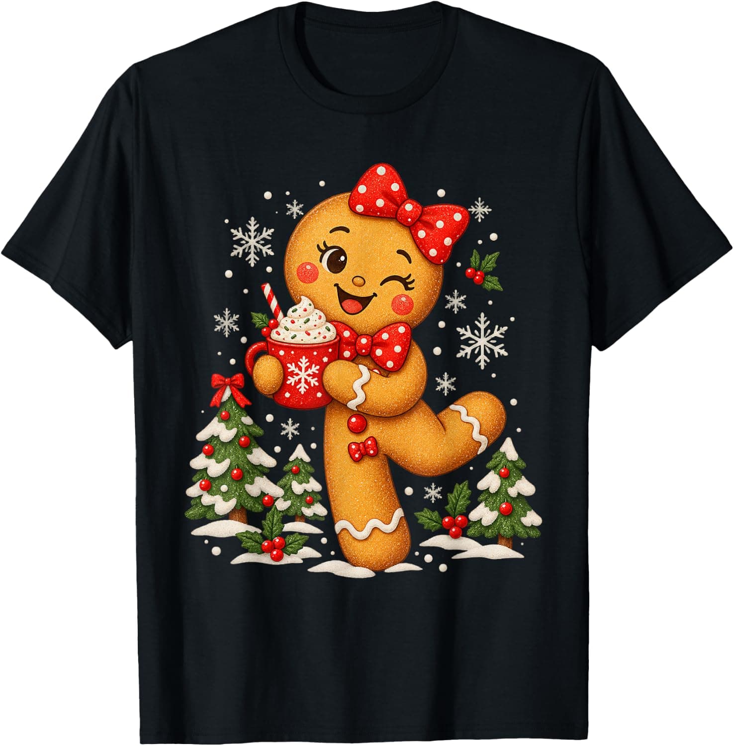 Gingerbread Girl Bow Hot Cocoa Christmas Snow T-Shirt - Trending Amazon merch on demand shirt with BSR 1,460,186