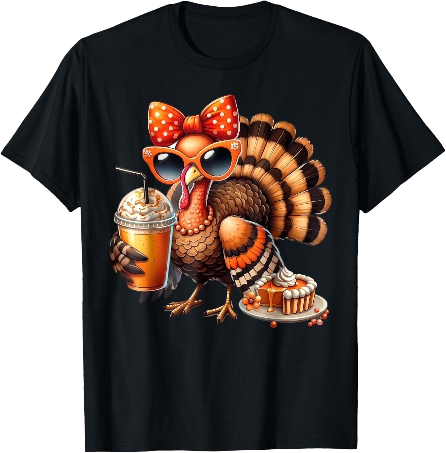Turkey Drinking Coffee Bow Thanksgiving Womens Turkey Day T-Shirt - Trending Amazon merch on demand shirt with BSR 1,220,976