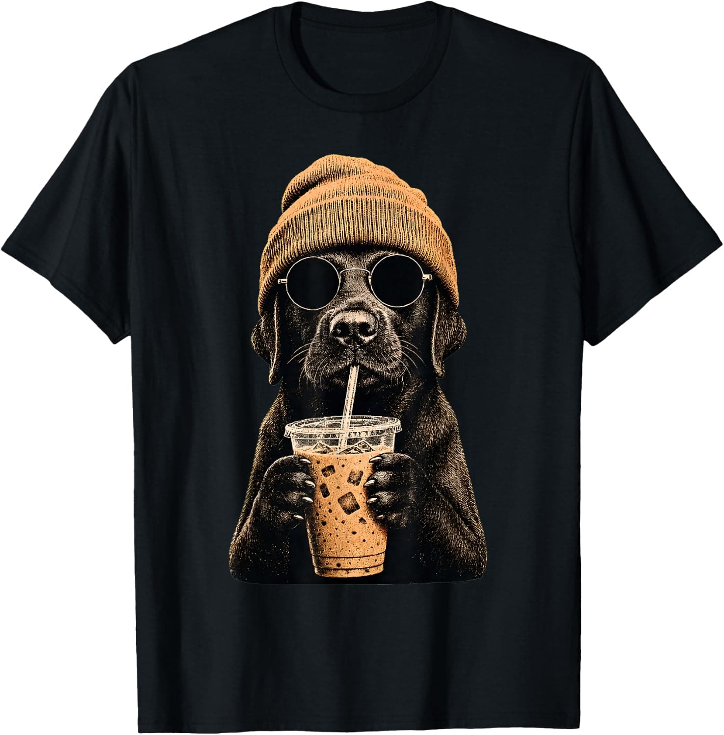 Black Labrador Hipster Dog Drinking Iced Coffee Sunglasses T-Shirt - Trending POD product with BSR 270,198