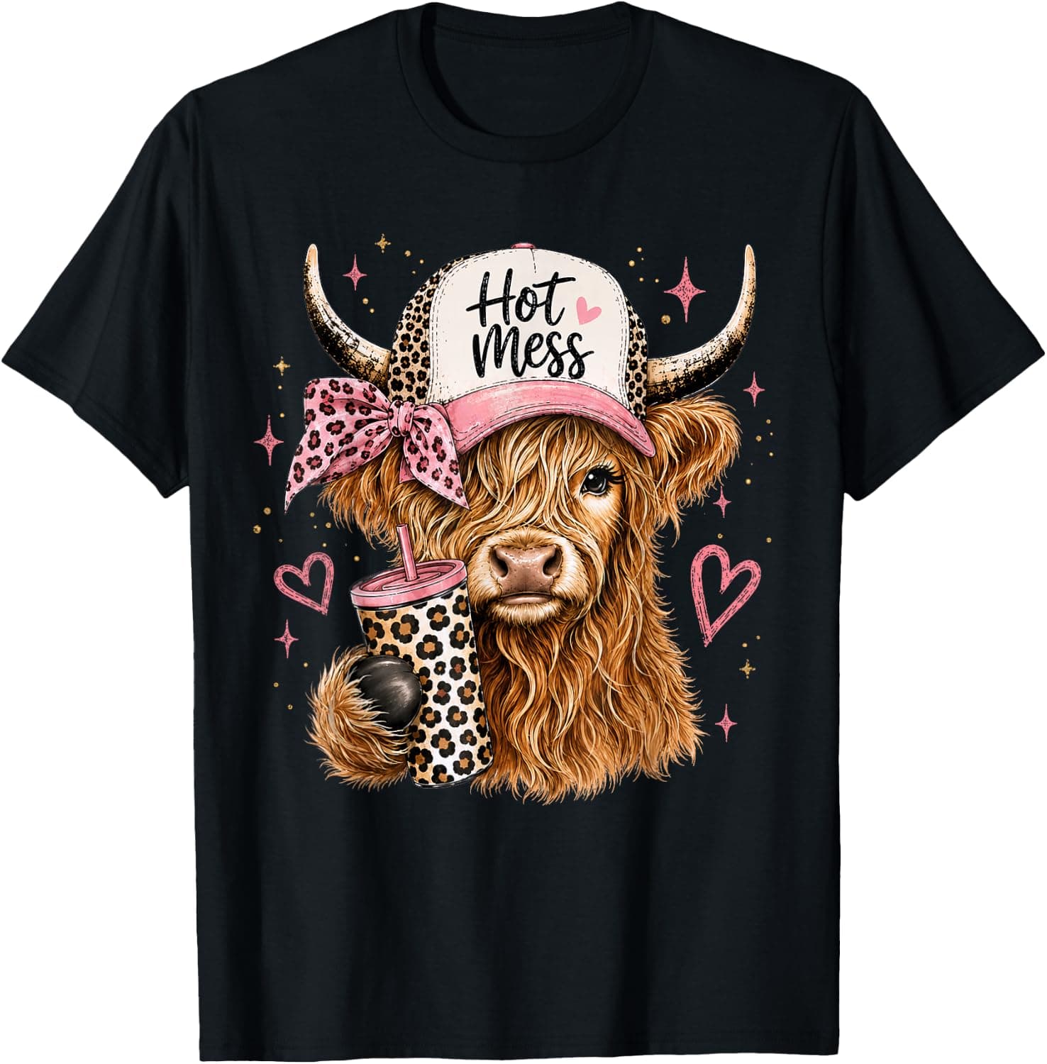 Hot Mess Leopard Highland Cow Coffee Farm Animal Lover T-Shirt - Trending POD product with BSR 280,550