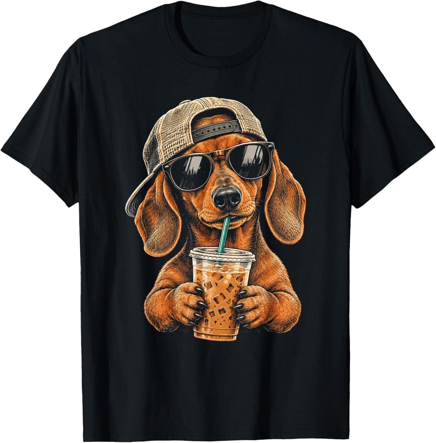 Dachshund Drinking Iced Coffee Weiner Dog T-Shirt - Trending Amazon merch on demand shirt with BSR 904,377