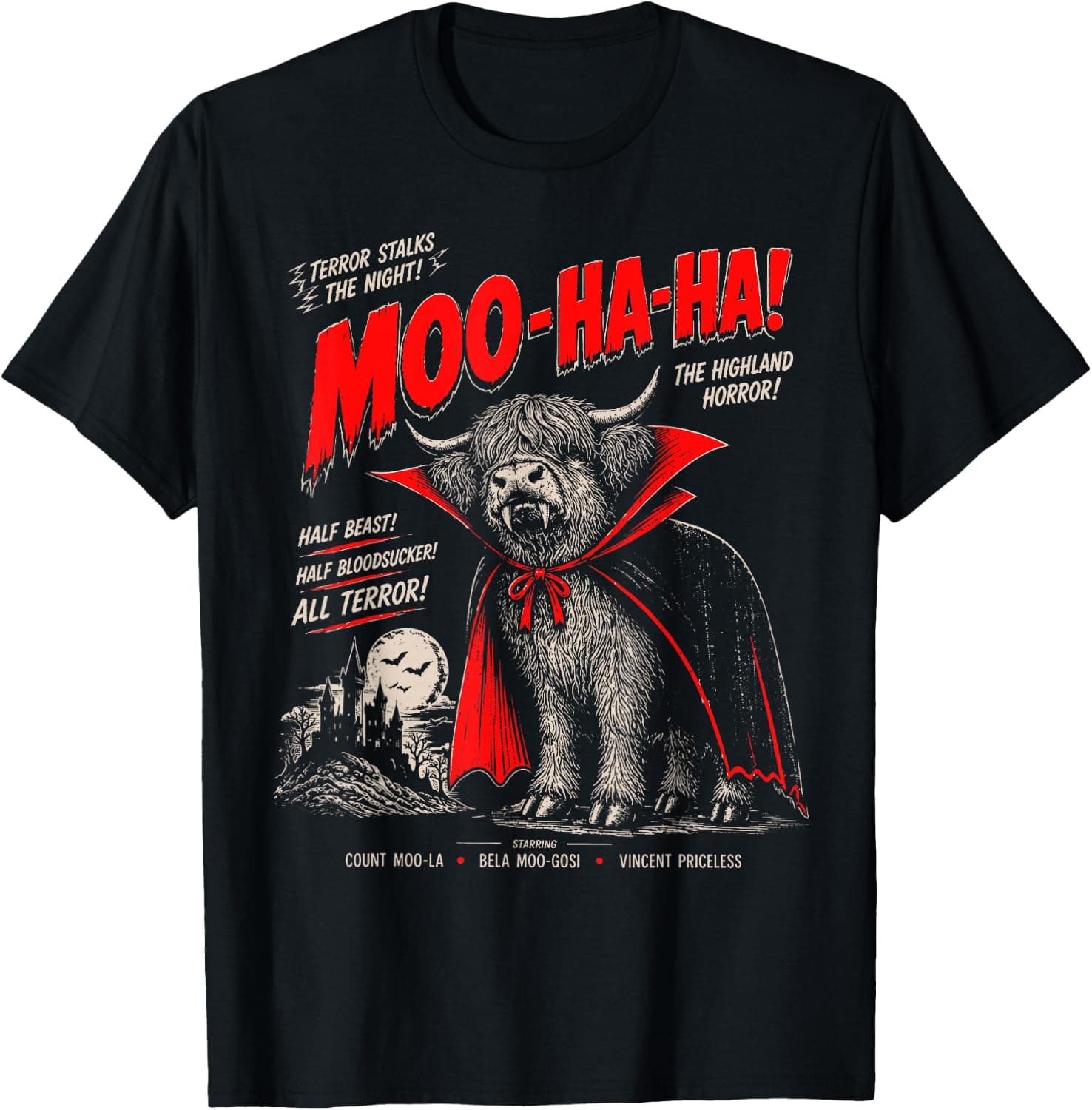 Funny Moo Ha Ha Highland Cow Vampire Halloween Humor T-Shirt - Trending Amazon merch on demand shirt with BSR 772,136