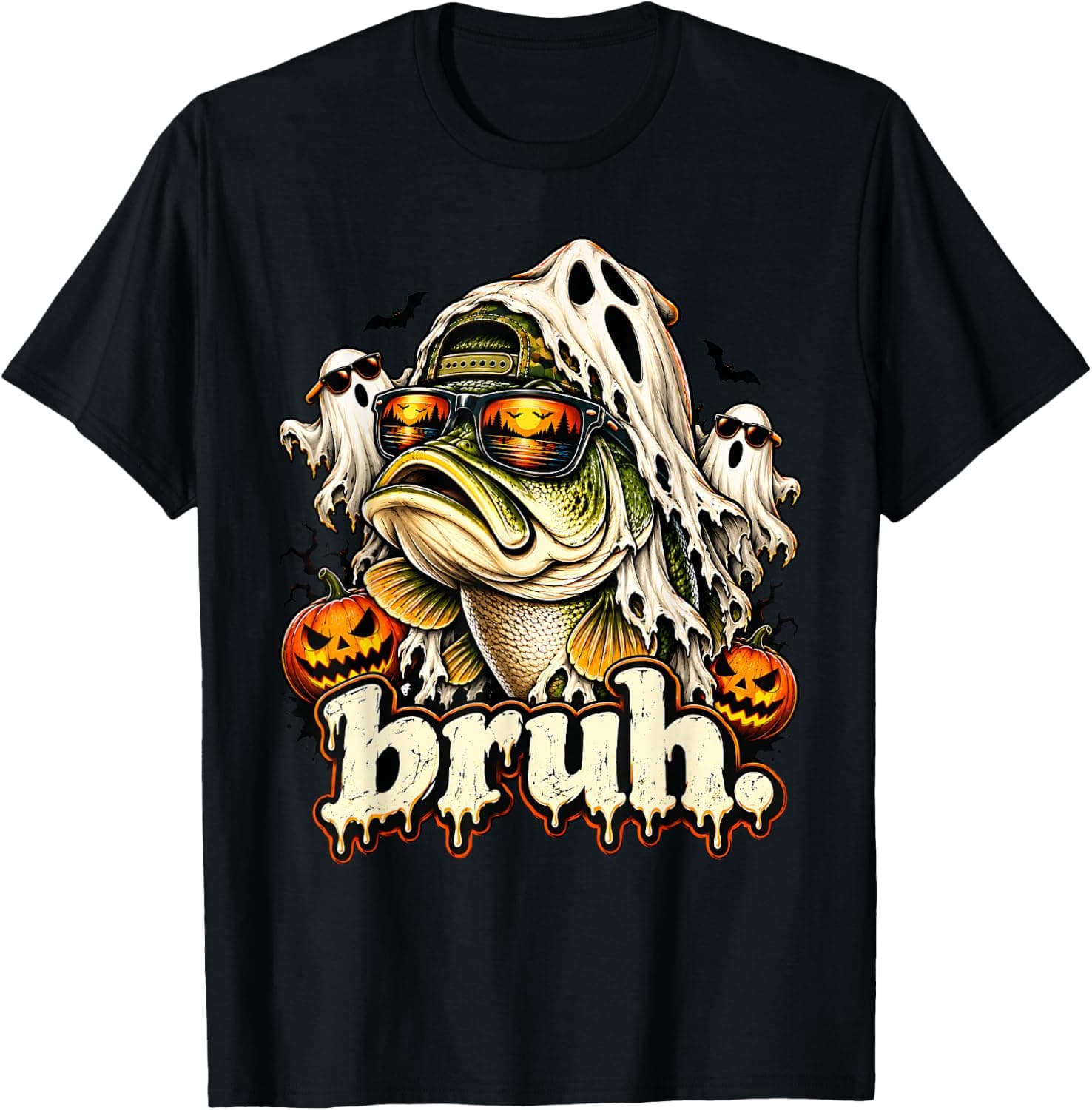 Bruh Fishing Ghost Bass Halloween Funny Fisherman Costume T-Shirt - Trending POD product with BSR 2,747,459