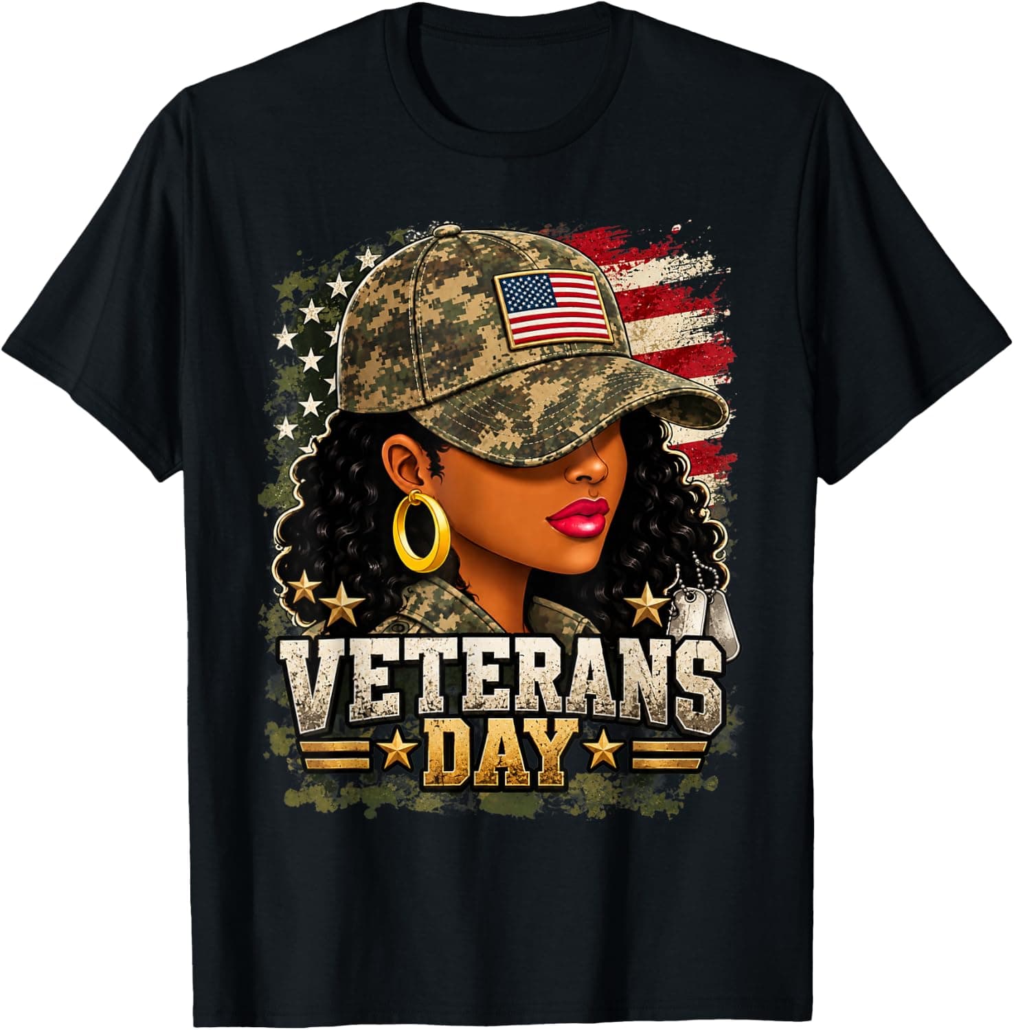 Veterans Day Black Woman Distressed American Flag Veterans T-Shirt - Trending POD product with BSR 636,250